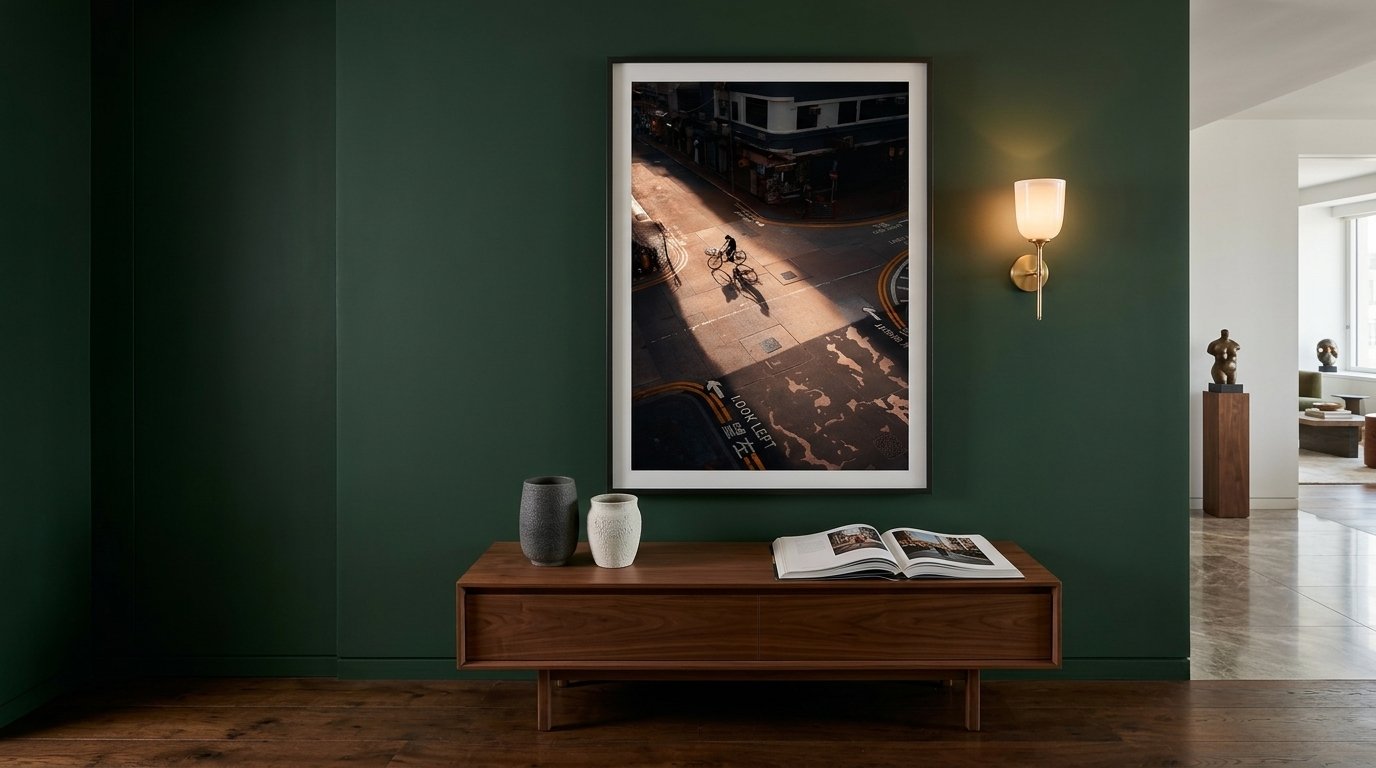 Interior of a room with a green wall, a framed urban street photo, a wall-mounted lamp, a wooden console table with decorative vases, and an open magazine.