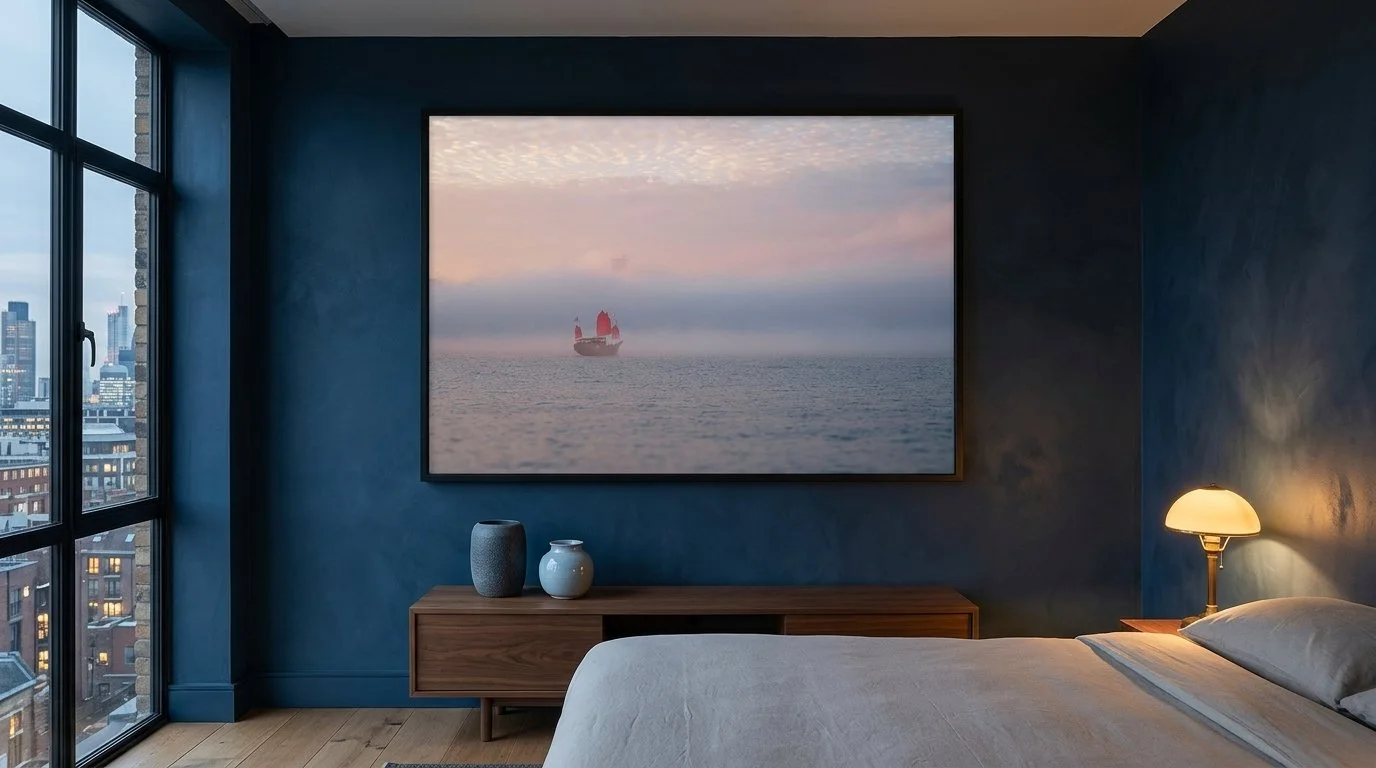 A bedroom with a large framed ocean view photograph on the blue wall, a wooden sideboard with decorative vases, a bed with cream-colored bedding, and a small bedside lamp turned on.