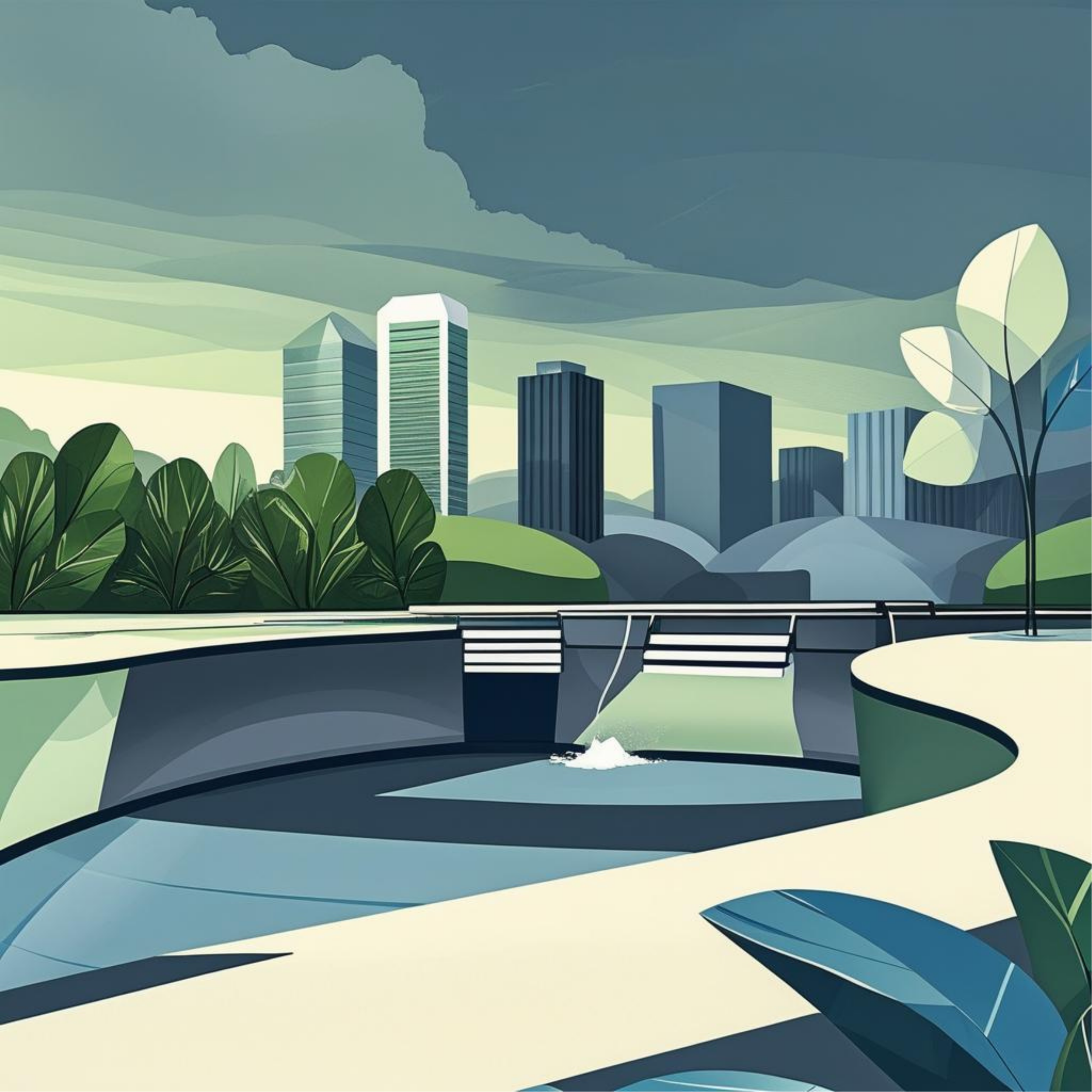 View through a rocky cave opening to a lush green landscape with trees and a body of turquoise water in the background.