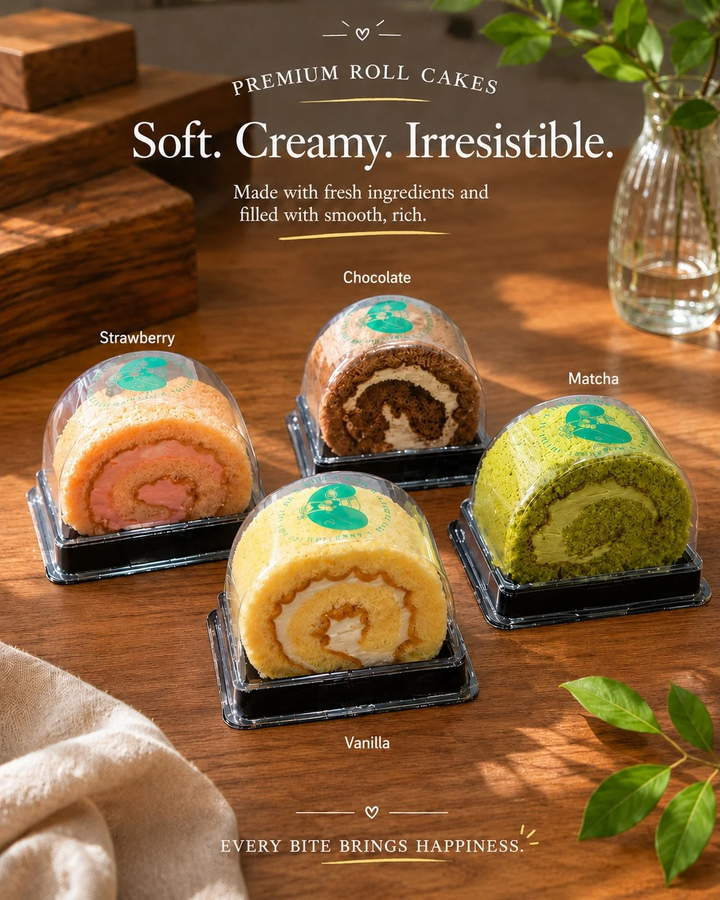 Something new at Gavi ✨ Vanilla, Strawberry, Matcha, and Chocolate roll cakes are here.