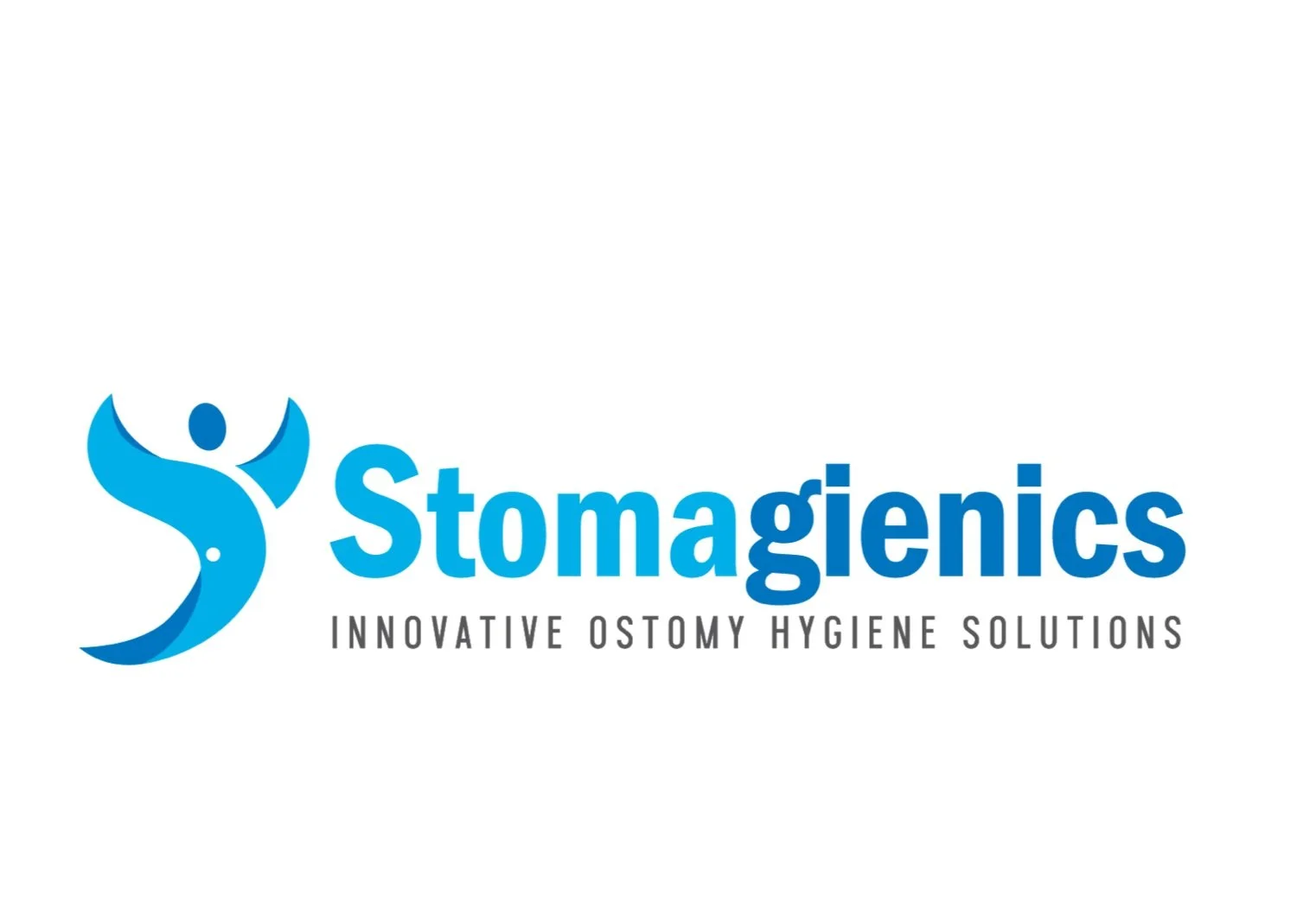Stomagienics logo with tagline 'Innovative Ostomy Hygiene Solutions' and stylized human figure in blue.
