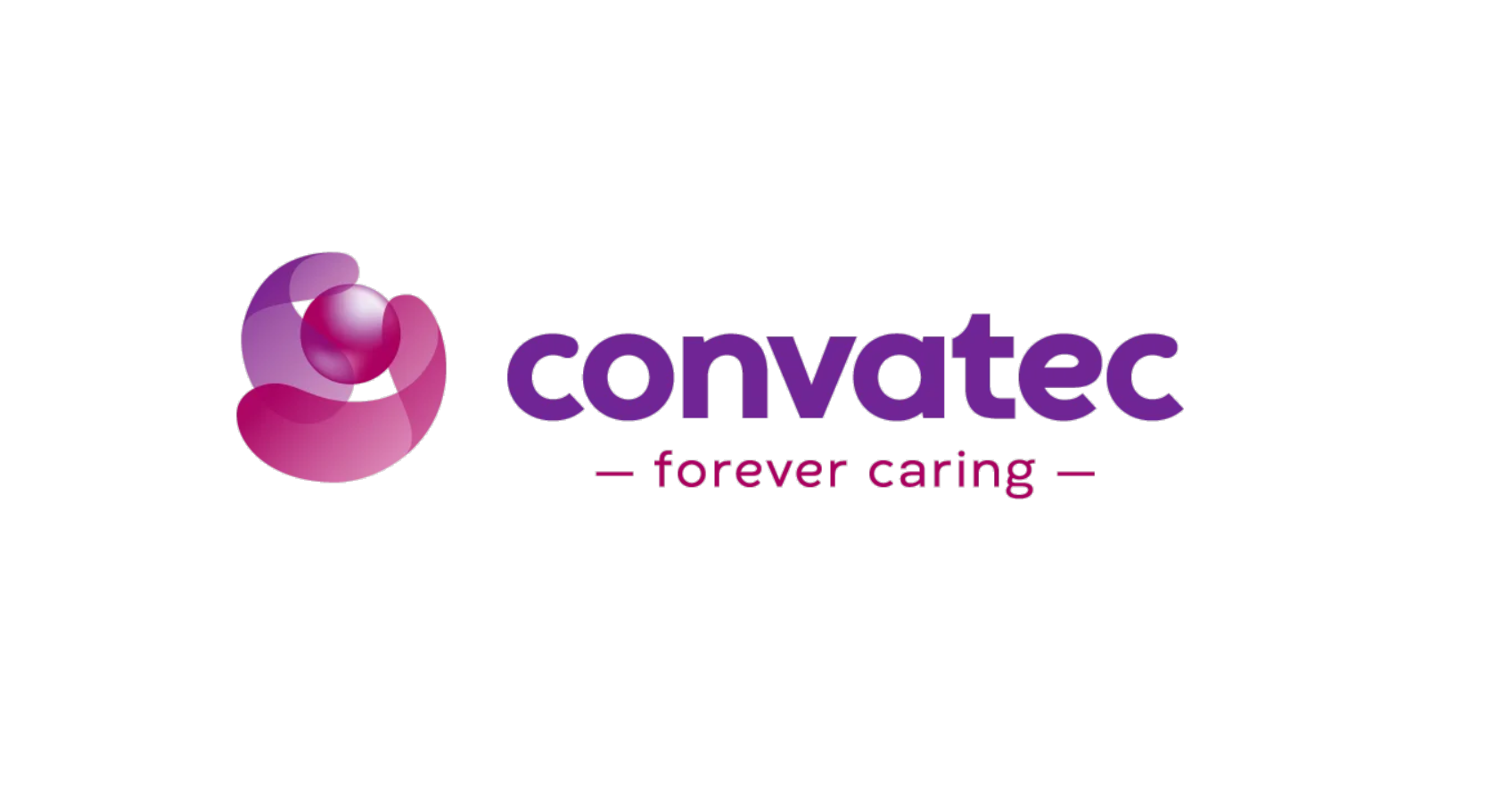 Convatec logo with "forever caring" slogan in purple and pink