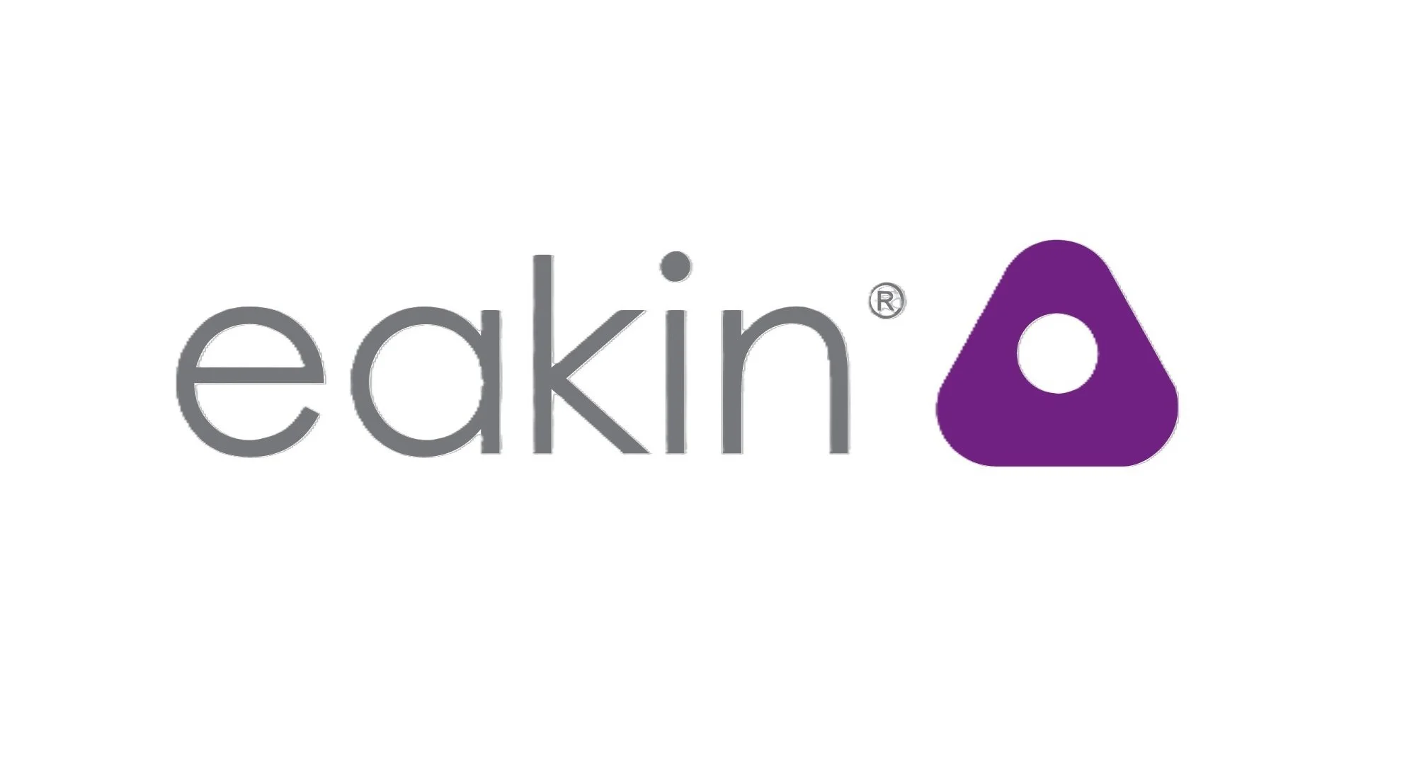 Eakin logo featuring grey lowercase text "eakin" with a purple triangular shape with a hole on the right.