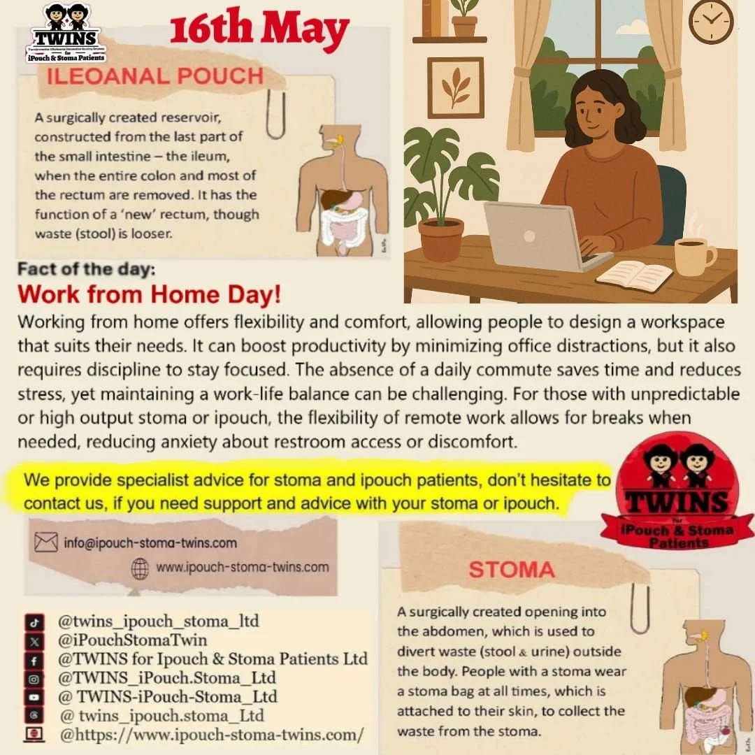 An informational flyer about the ileoanal pouch and stoma, highlighting work from home benefits, contact info, and the TWINS logo with cartoon twins.