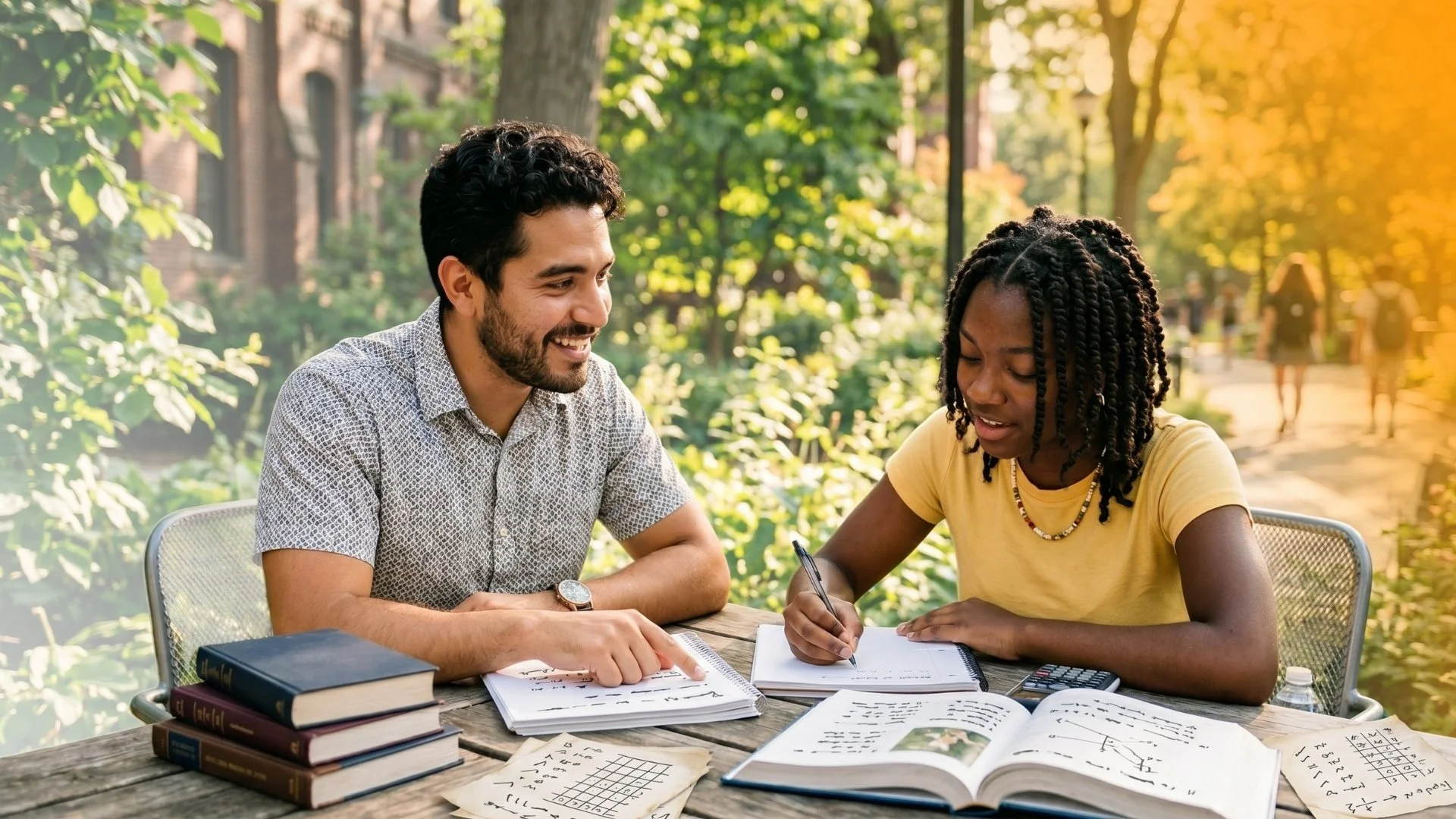An academic coach and a female student sitting at an outdoor wooden table, reviewing books and taking notes during a summer learning session