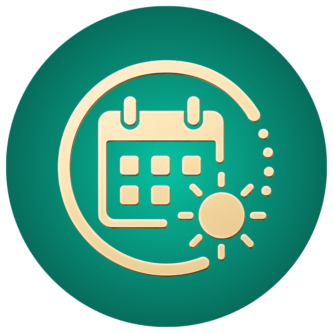 A teal circular icon featuring a calendar and sun illustration, representing flexible scheduling and rolling summer enrollment