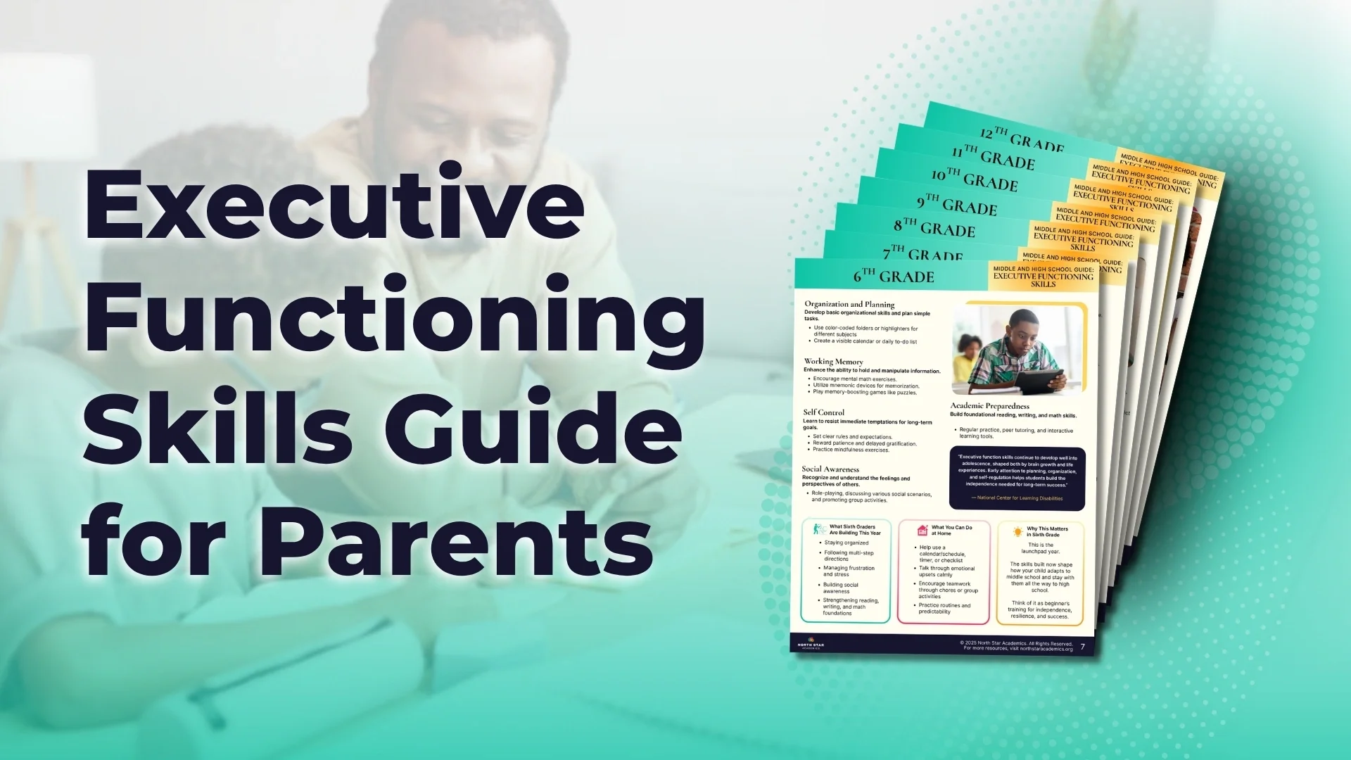 Promotional graphic for the Executive Functioning Guide for Parents, featuring an image of the printed guide and a soft teal background