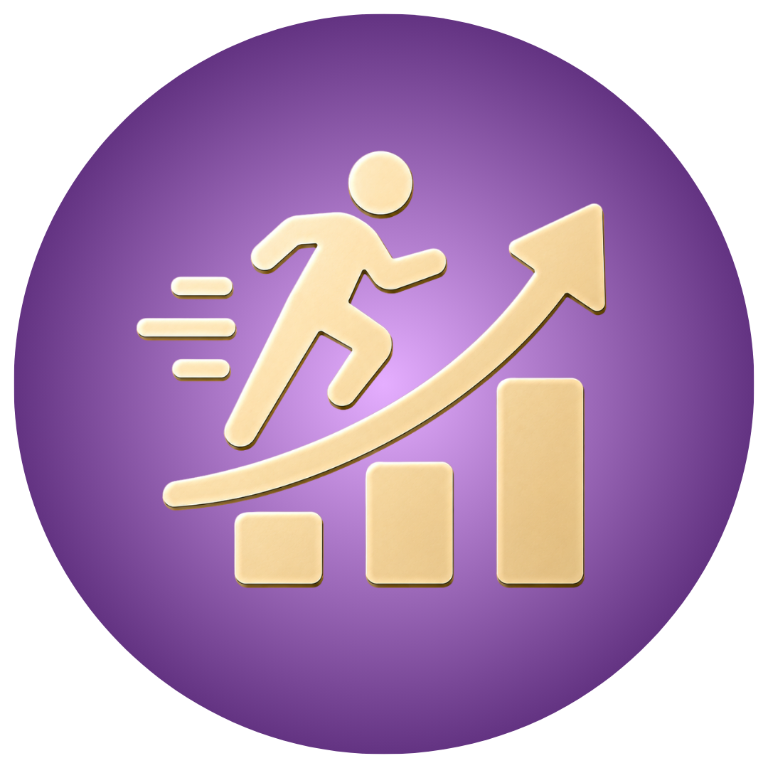 A purple circular icon featuring a stylized illustration of a student running up a rising arrow, representing academic growth and forward momentum