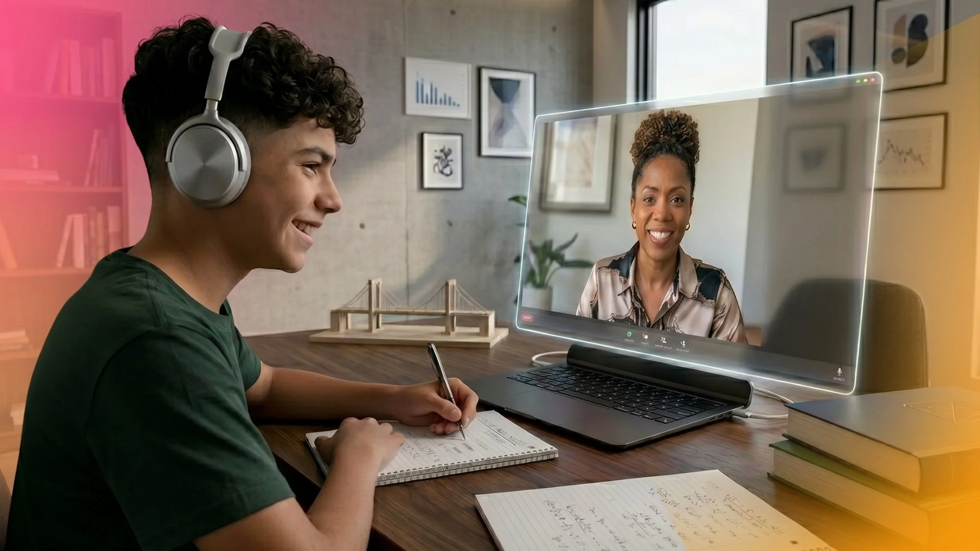 A male teenage student wearing headphones and smiling while working on a laptop during a virtual coaching session with a female instructor