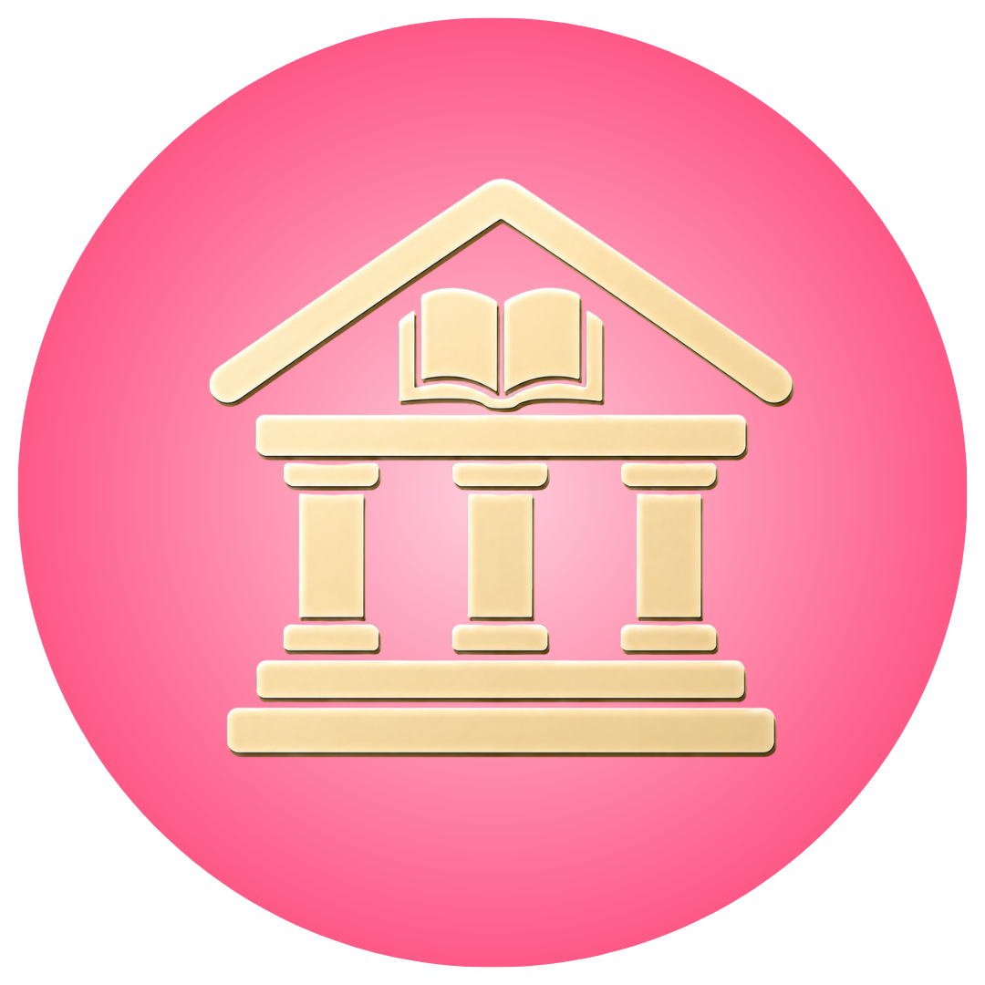 A pink circular icon featuring a school building illustration, representing continuous academic structure during the summer