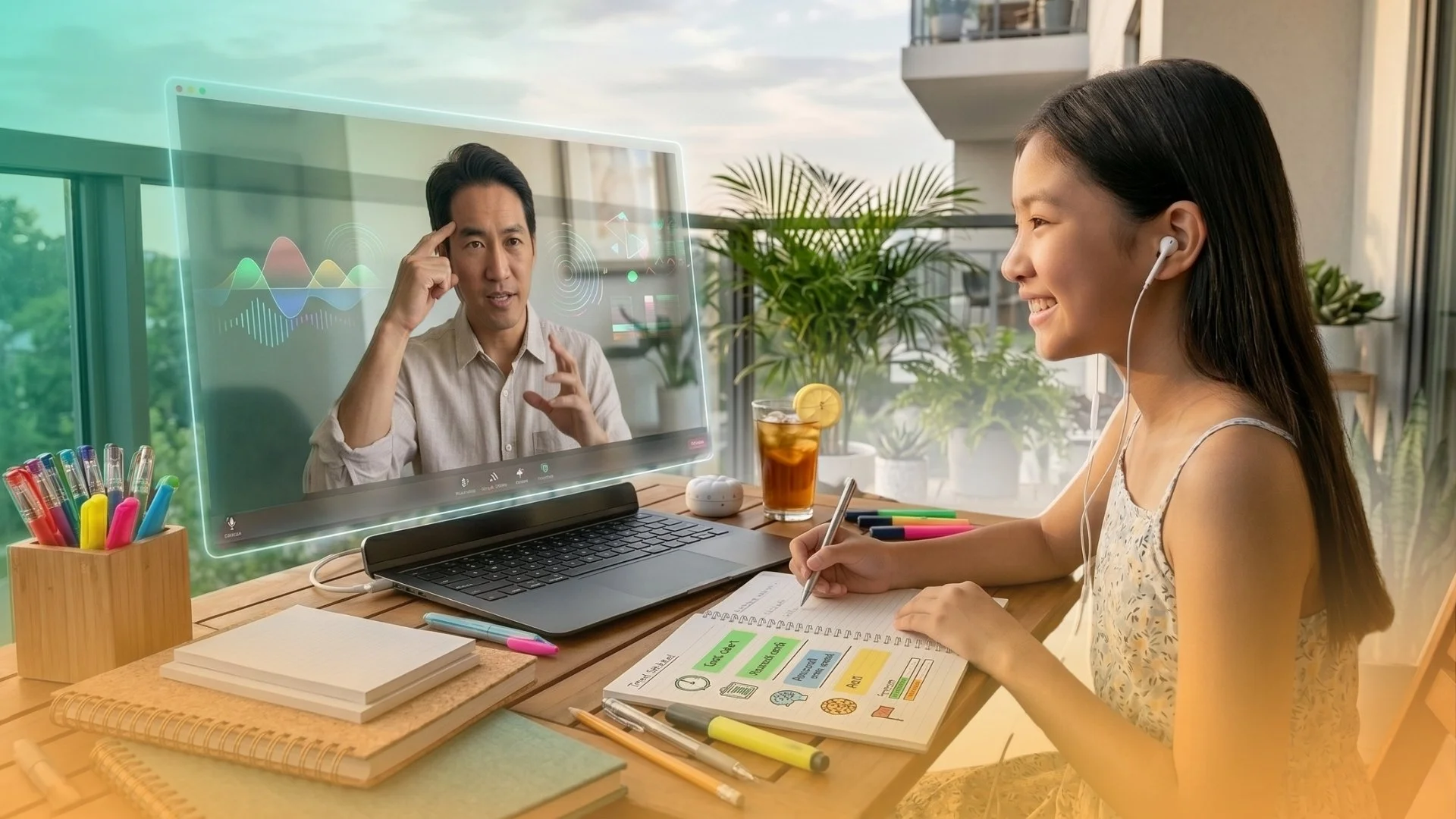 A female student wearing headphones looks at a monitor while taking notes during an online executive functioning and time-management coaching session