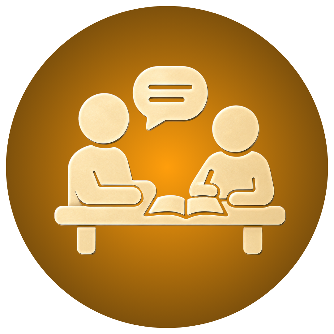 A gold circular icon featuring an illustration of an instructor and a student communicating, representing a consistent one-on-one coaching relationship