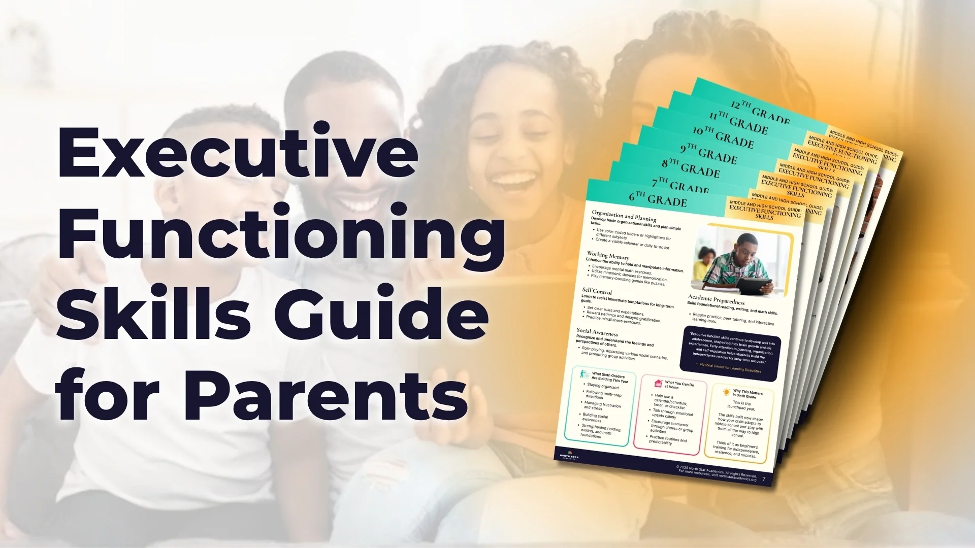 Cover of the "Executive Functioning Skills Guide for Parents" featuring a stack of resource booklets and a background image of a student and parent working together