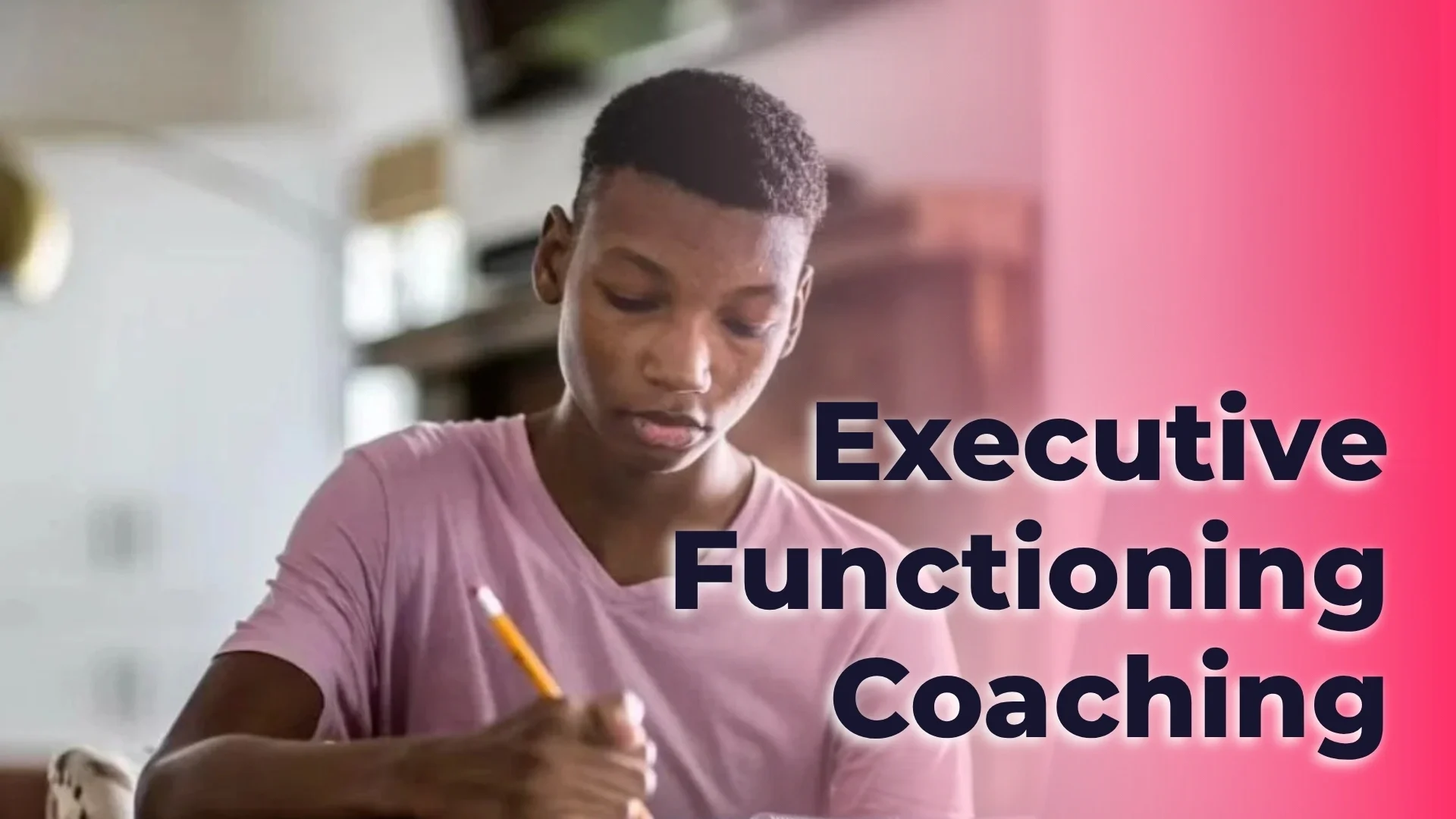 A teenage Black male student focused on his work, with a graphic overlay that reads "Executive Functioning Coaching," highlighting support for organization and focus skills