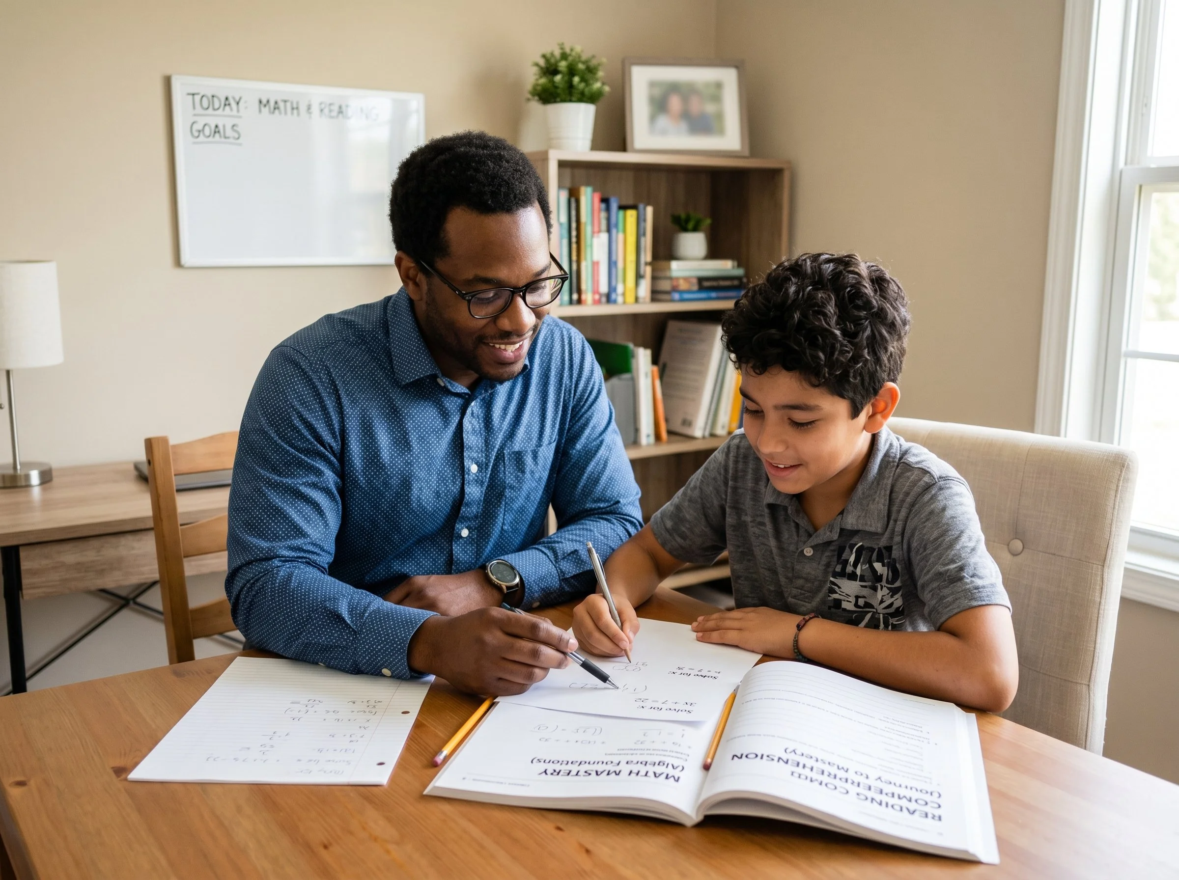 A male academic coach guiding a young boy through a personalized math and reading lesson at a desk to prevent summer learning loss