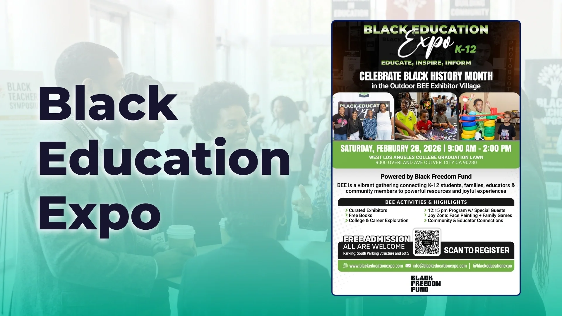 Promotional graphic for the Black Education Expo — Black History Month Edition, featuring event details for February 28 at West Los Angeles College, including free books and family activities