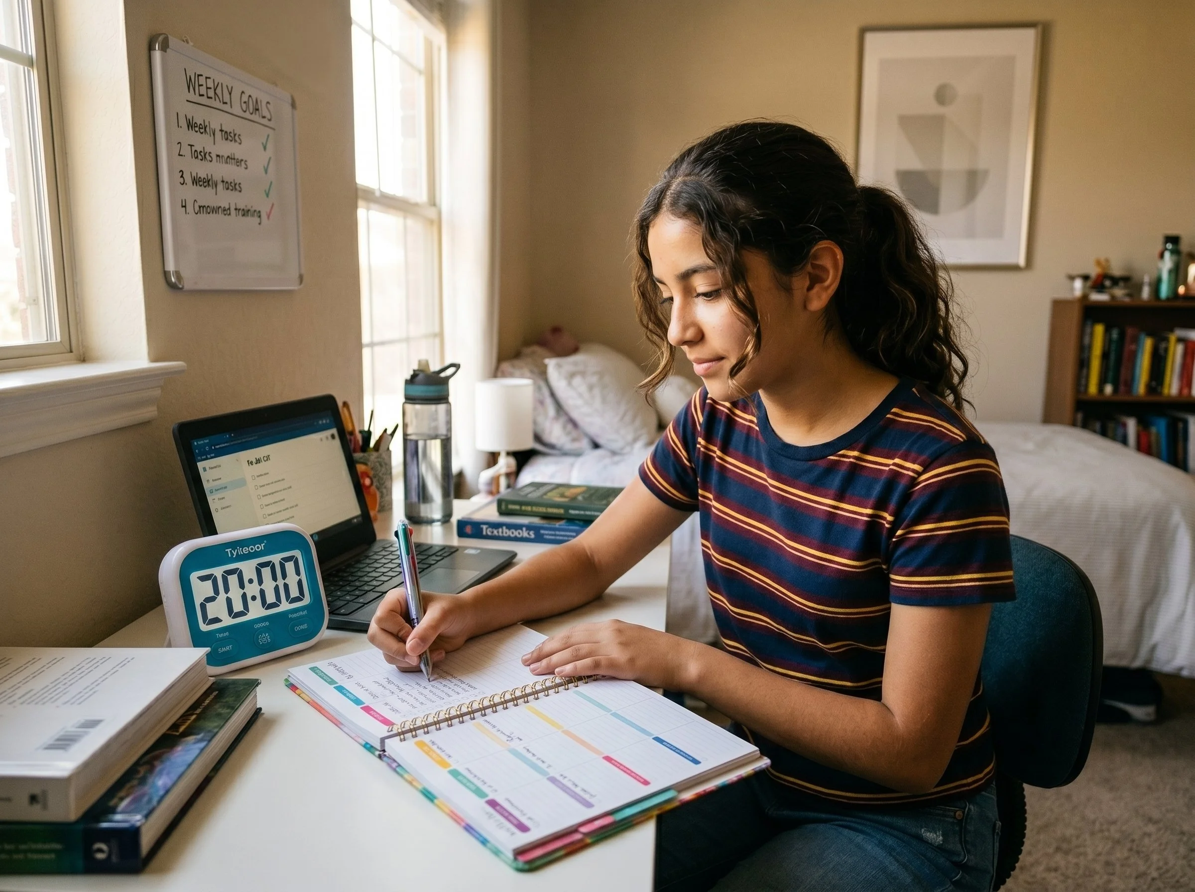 A student practicing time management and organization skills at a desk with a laptop and notebook