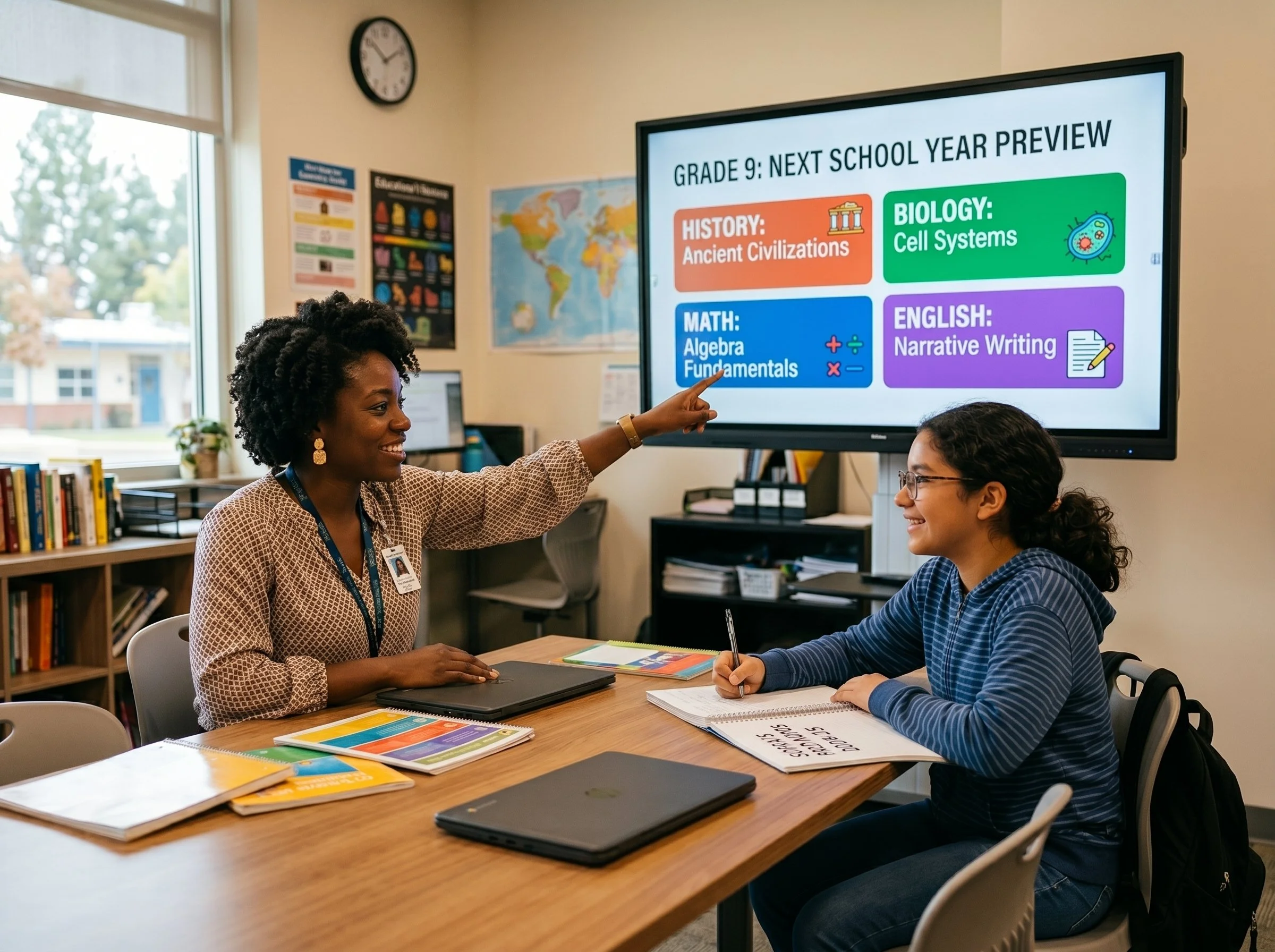 A female educational therapist pointing to a digital lesson board while preparing a student for upcoming grade-level expectations during a summer preview session