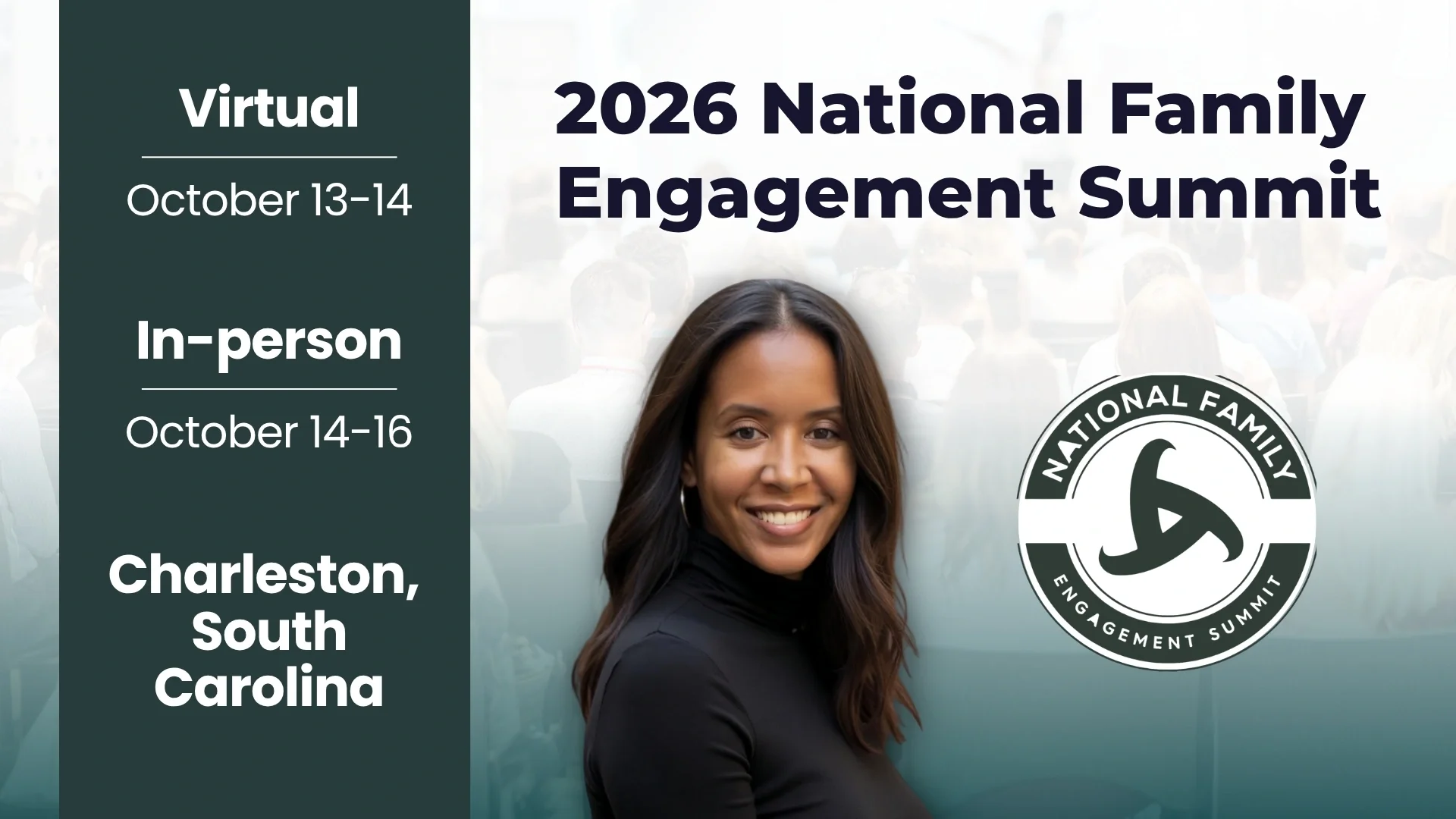 Promotional graphic for the 2026 National Family Engagement Summit featuring Ashley Harding as a speaker, with event dates for October 13–16 in Charleston, South Carolina