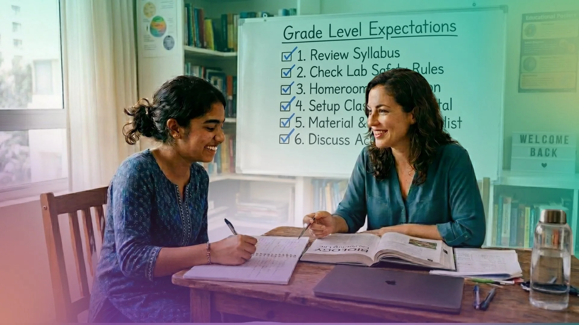 A female educational therapist and a student sitting at a classroom desk, reviewing materials together in front of a whiteboard with grade level expectations