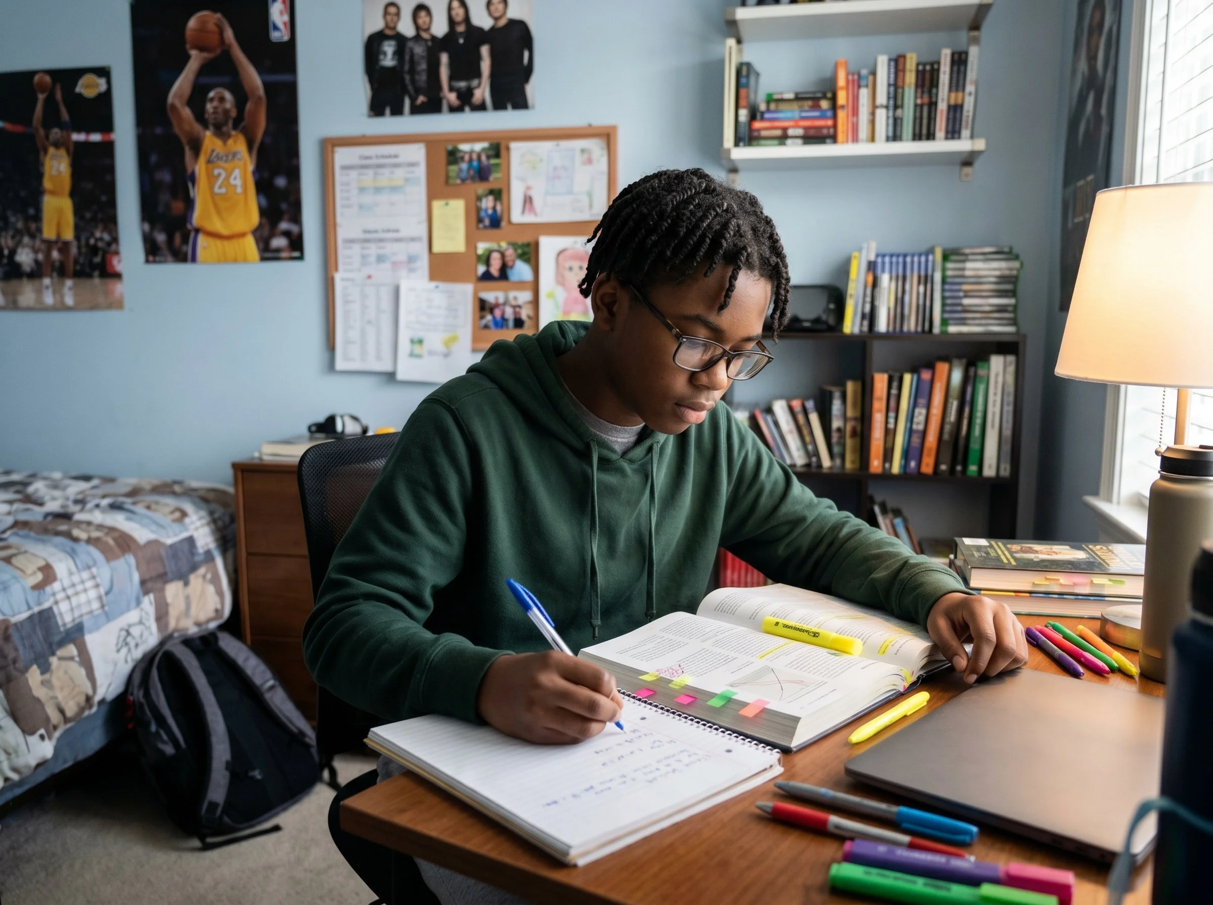 A teenage student wearing headphones focuses intensely while writing in a textbook at a desk, practicing core study and annotation skills