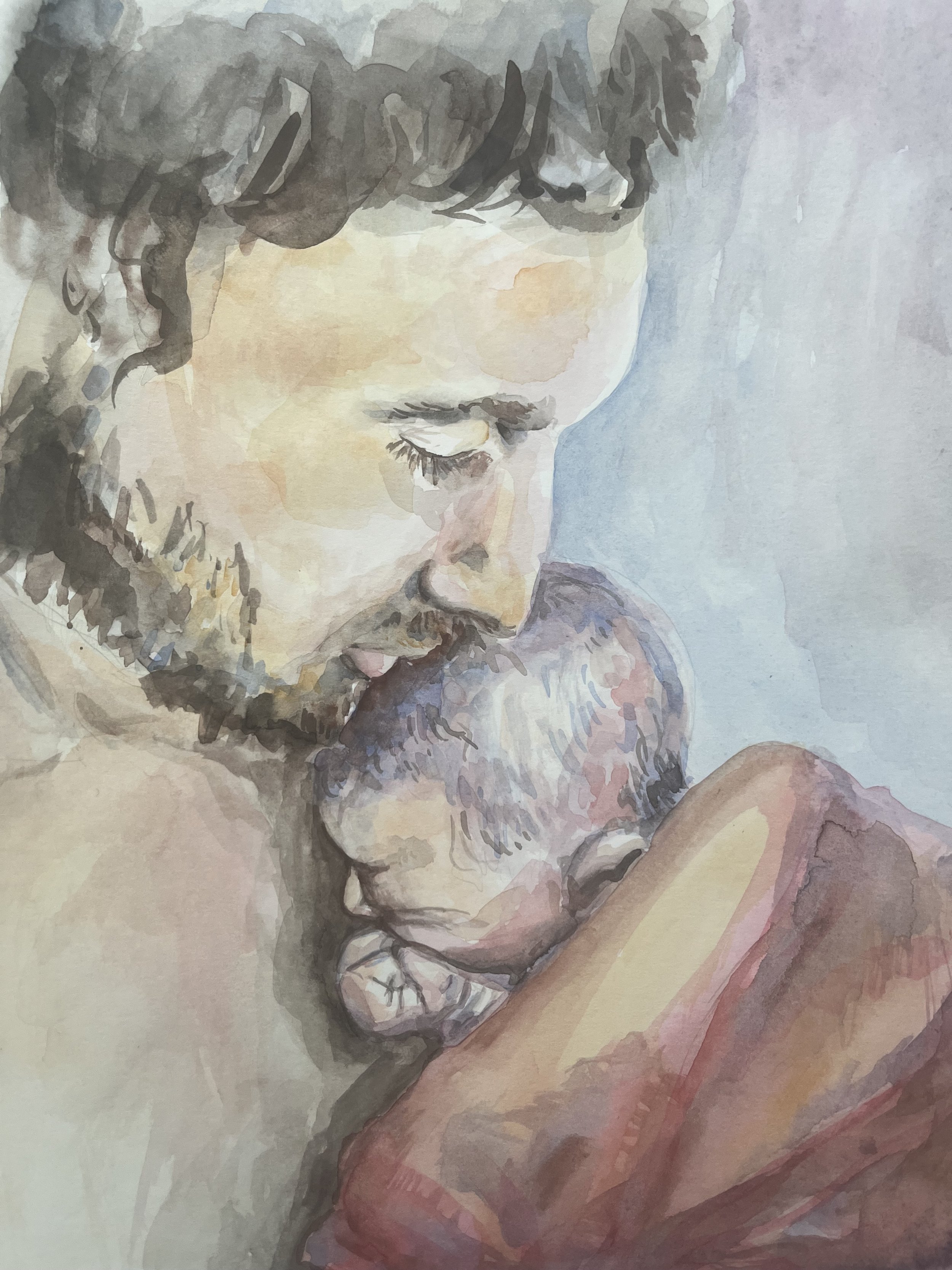 Father and Newborn, Watercolor Birth Portrait, 2026