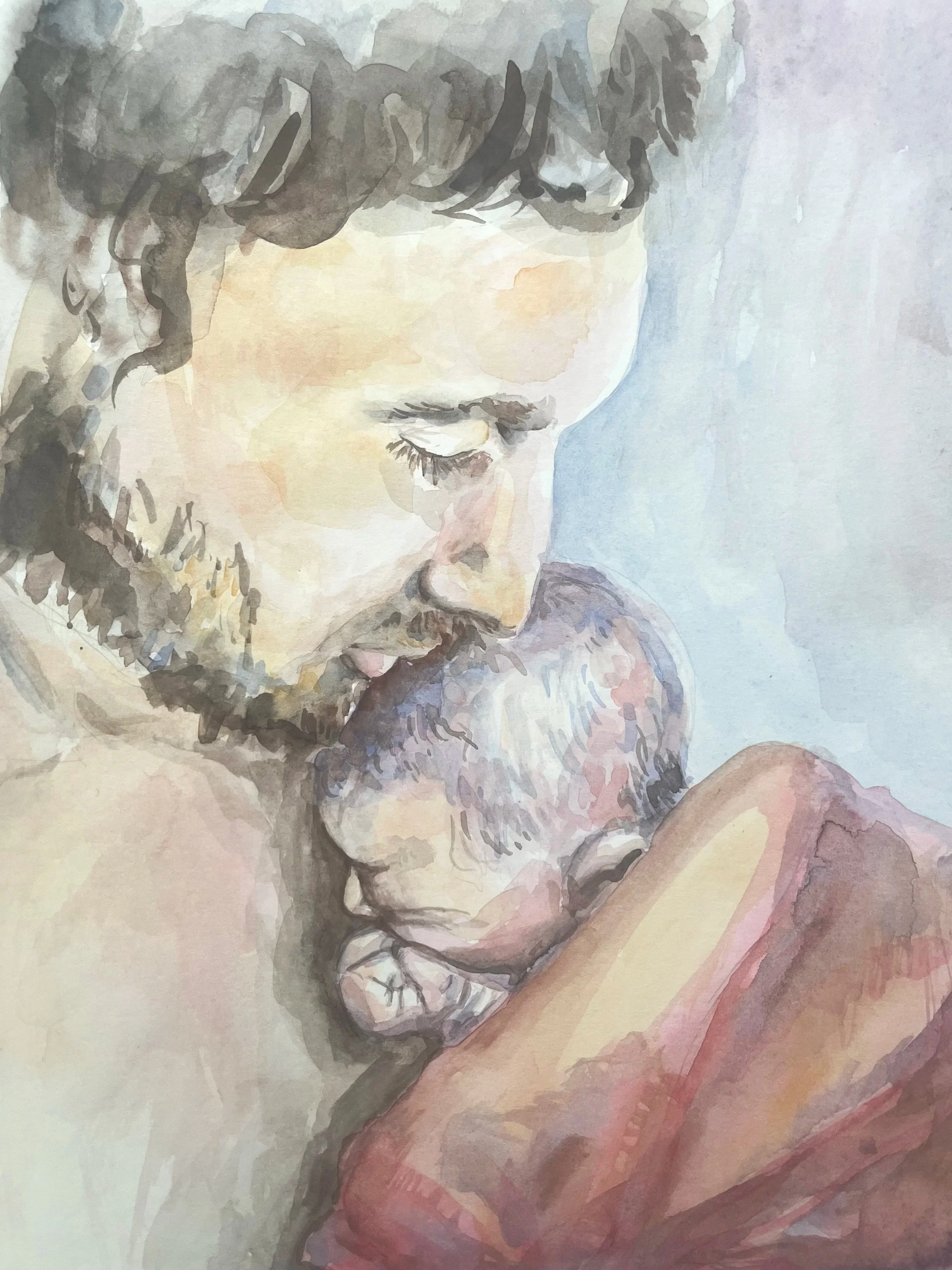 Watercolor painting of a man with curly hair and a beard, looking down, wearing a pink shirt.