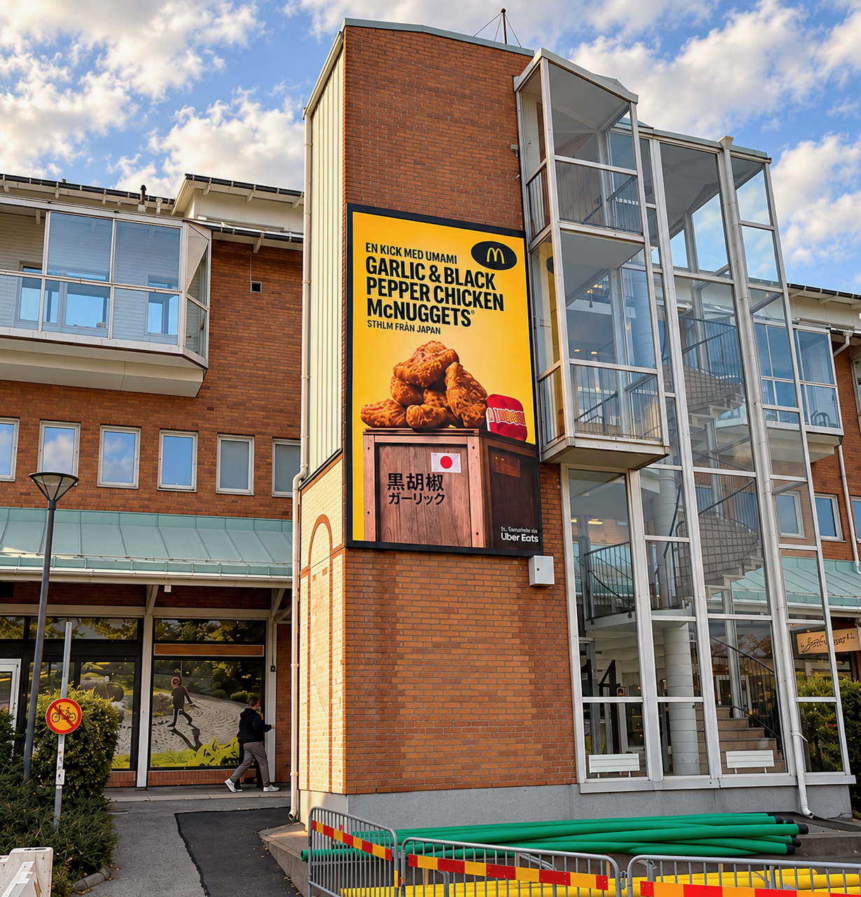 En stor skylt på en byggnad som visar bilder av två barn som leker eller tittar på något. Skylttexten reklam för Bohusläns museum, som är öppet tisdag till söndag, med fri entré.