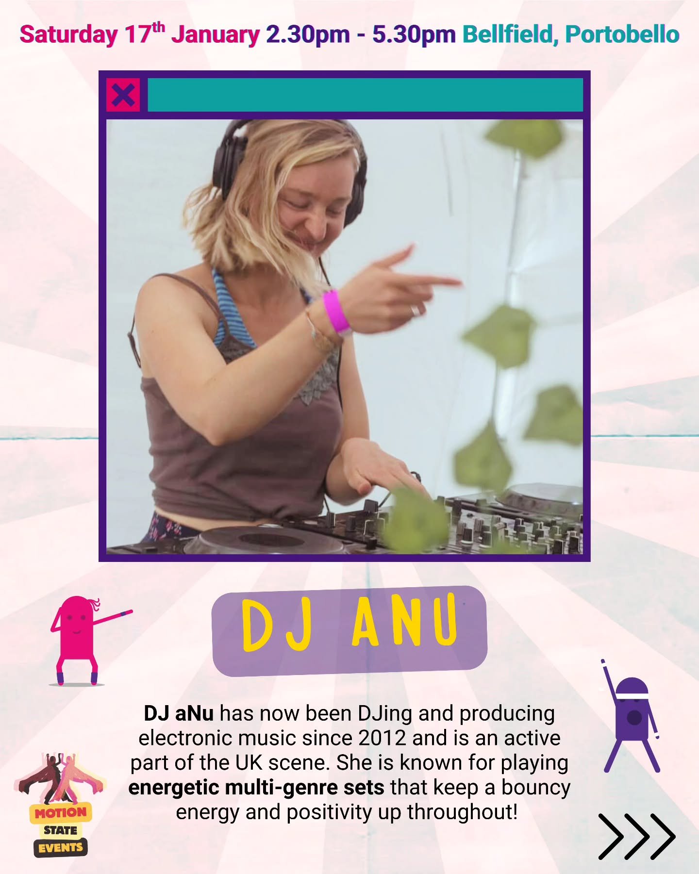 Introducing DJ aNu ! 🌟 Expect bouncy basslines that bring a positive energy throughout and keep the crowd bopping along right to the very last drop! 🟣

Based in Edinburgh, Anu runs @motionstateevents and is involved in multiple music and movement p
