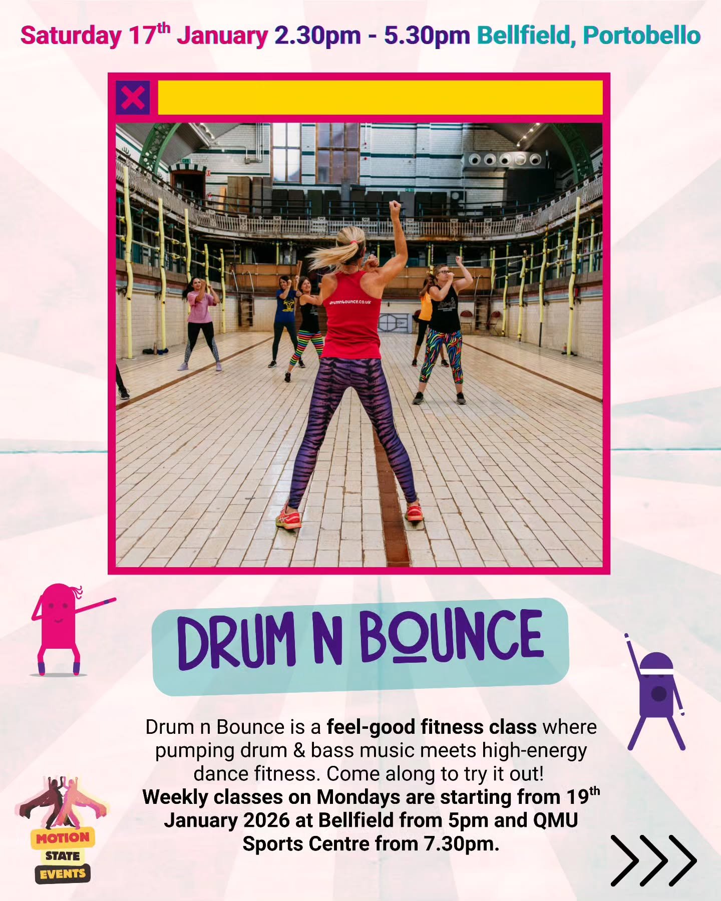 Drum (and bass) roll please... Our main event for tomorrow will be the very first DRUM N BOUNCE class in Scotland 🏴󠁧󠁢󠁳󠁣󠁴󠁿 

Get ready to bust some bouncy moves amongst like-minded daytime ravers whilst we blast the drum and bass and supply the