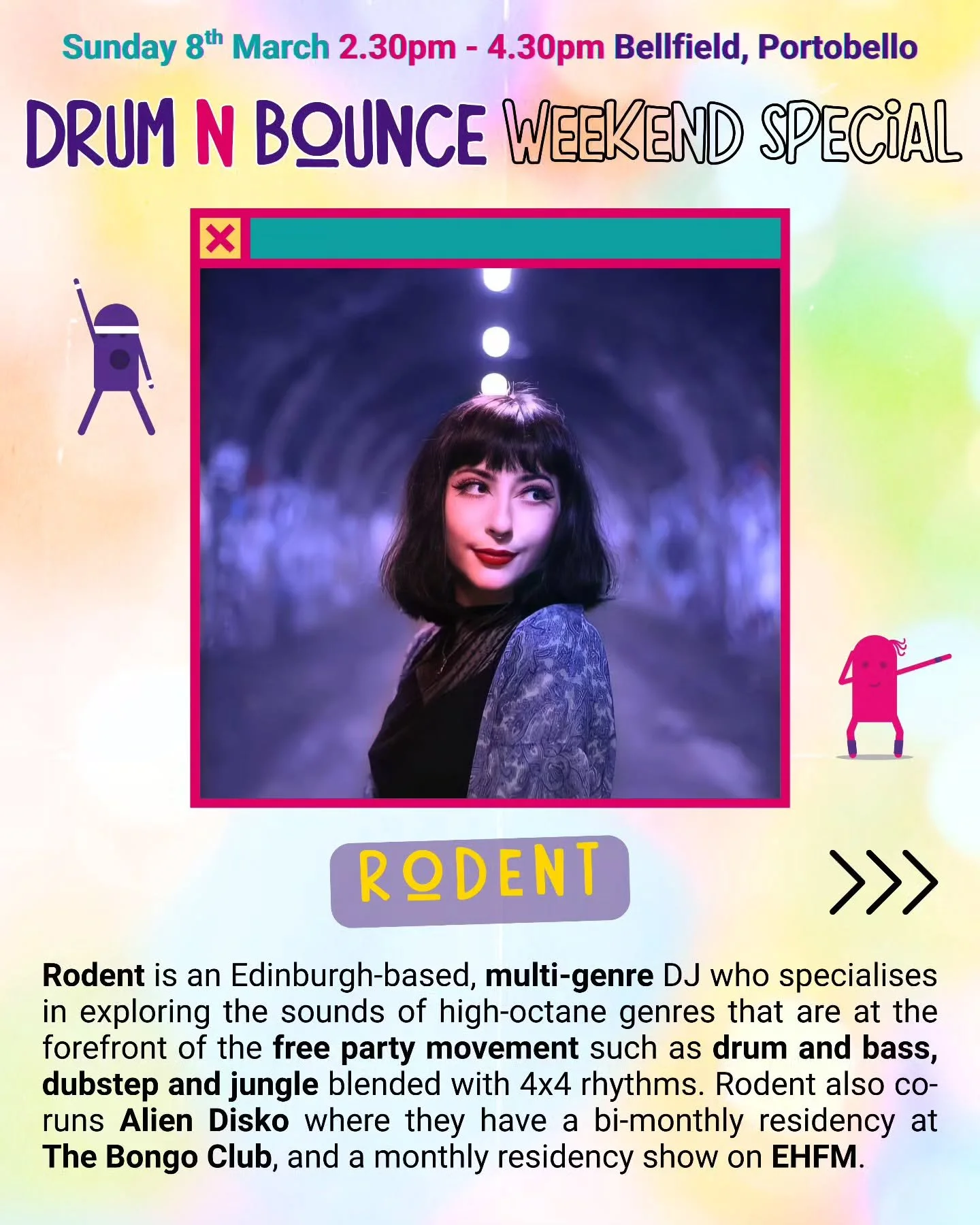 FIRST LINEUP DROP! 💥

We are THRILLED to have @rodent.dj along with us on Sunday 8th March to celebrate International Women's Day... Drum n Bounce style! 🟣💪

💫 Rodent is an Edinburgh-based, multi-genre DJ who specialises in exploring the sounds o