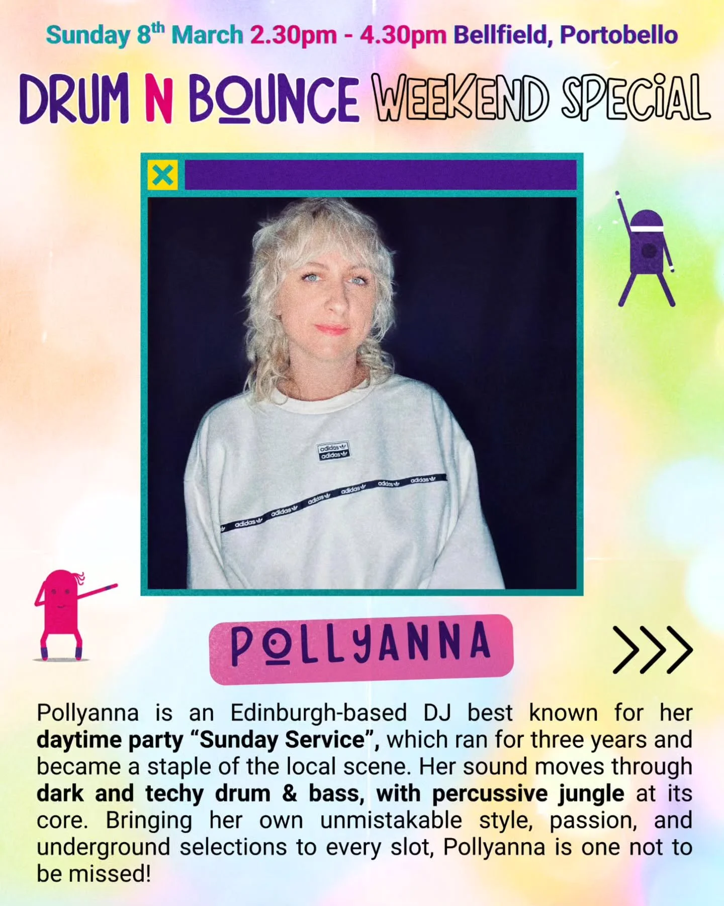 LINEUP DROP! 💥 @pollyanna_dj is the next spectacular DJ for the upcoming @drumnbounce weekend event in Portobello on International Womens Day! 🟣💫 ...don't miss out! 

Pollyanna is an Edinburgh-based DJ best known for her daytime party @sundayservi