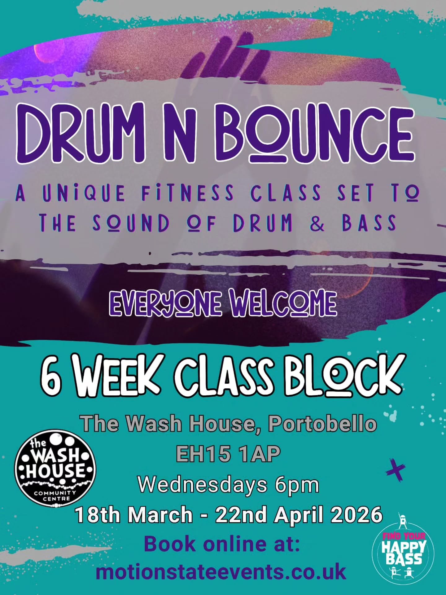 HEY 💥 We are halfway through our Wednesday @drumnbounce classes at @portobello.washhouse !! 🟣🟣🟣

📅 Wednesdays
⏱️ 6pm
📍 The Wash House EH15 1AP 
 
 
Only 3 sessions left before a short break! Come and get your bounce on to some pumping drum and 