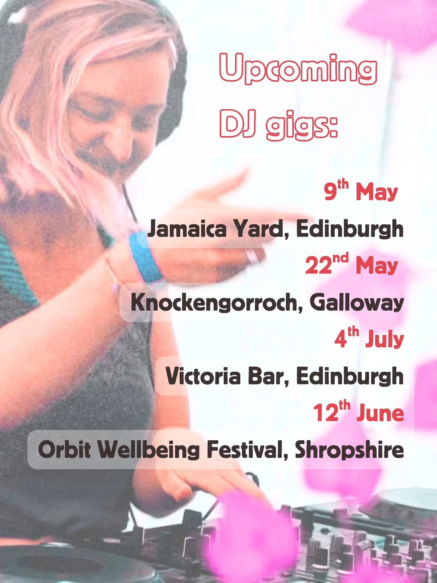 DJ aNu playing some tasty events in the coming months! See you there for a boogie 🪩🟠🟢

👾 9th May, @jamaica.yard for @themicroband album launch event!
👾 22nd May @knockengorrochfestival 
👾 4th July @victorialeith 
👾 12th June @orbitwellbeingfes