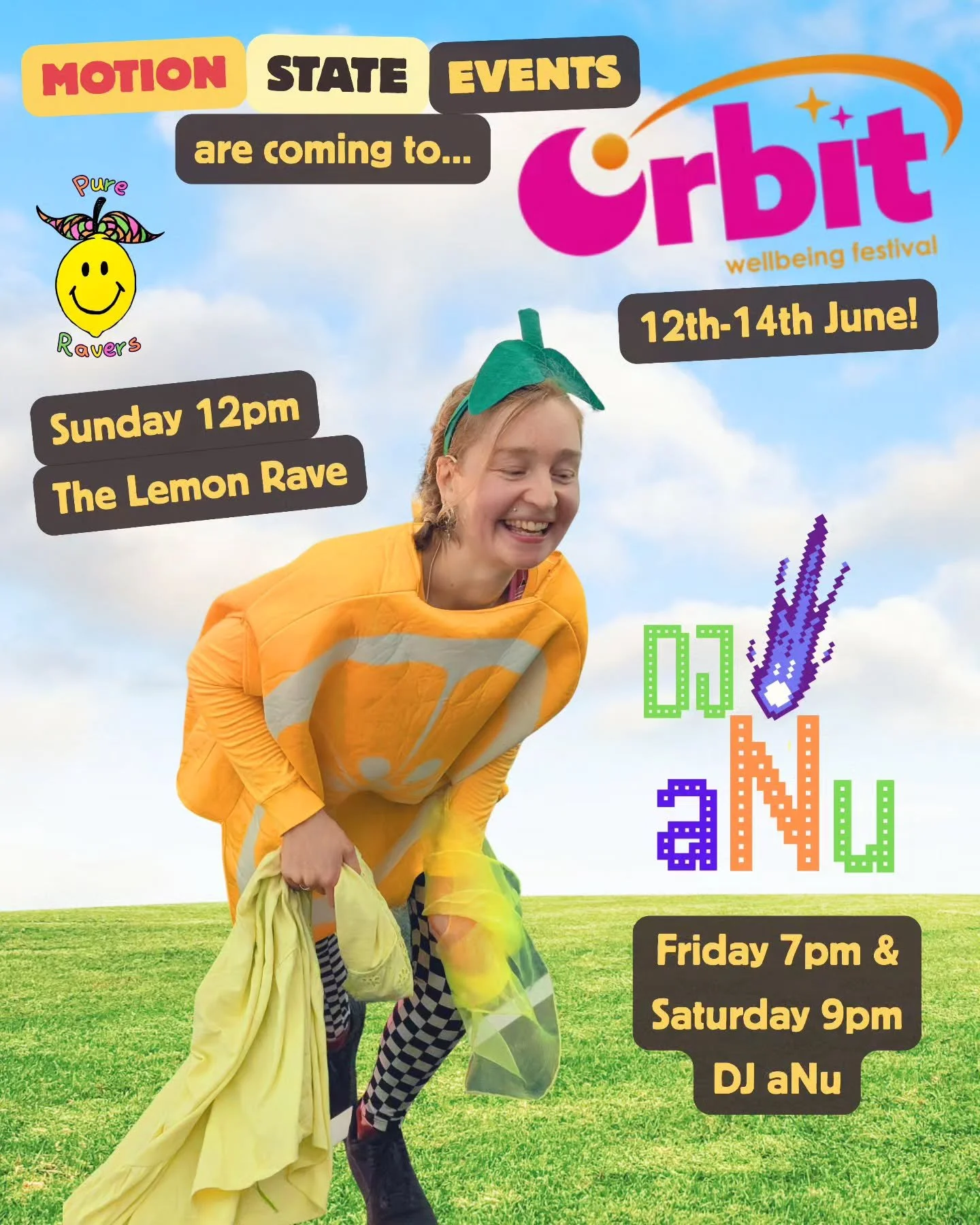 See you TOMORROW 12th June at @orbitwellbeingfestival !! ☀️🪩

👾 DJ aNu 7pm Friday and 9pm Saturday

Followed by the zestiest LEMON RAVE on Sunday at 12pm! 🍋

Bring on the bass! 🔊

#dayrave #wellbeingfestival #dj #partytime