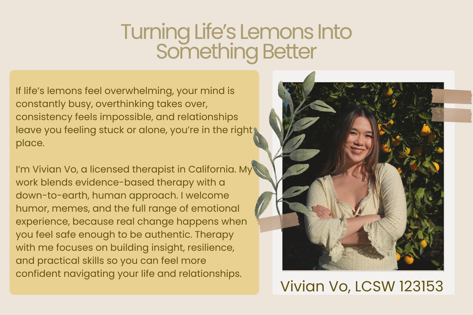 A flyer with the title 'Turning Life's Lemons Into Something Better' and a paragraph about mental health and therapy. It features a photograph of Vivian Vo, a licensed therapist in California, smiling and standing outdoors beside a lemon tree. Her name and license number are printed below the photograph.