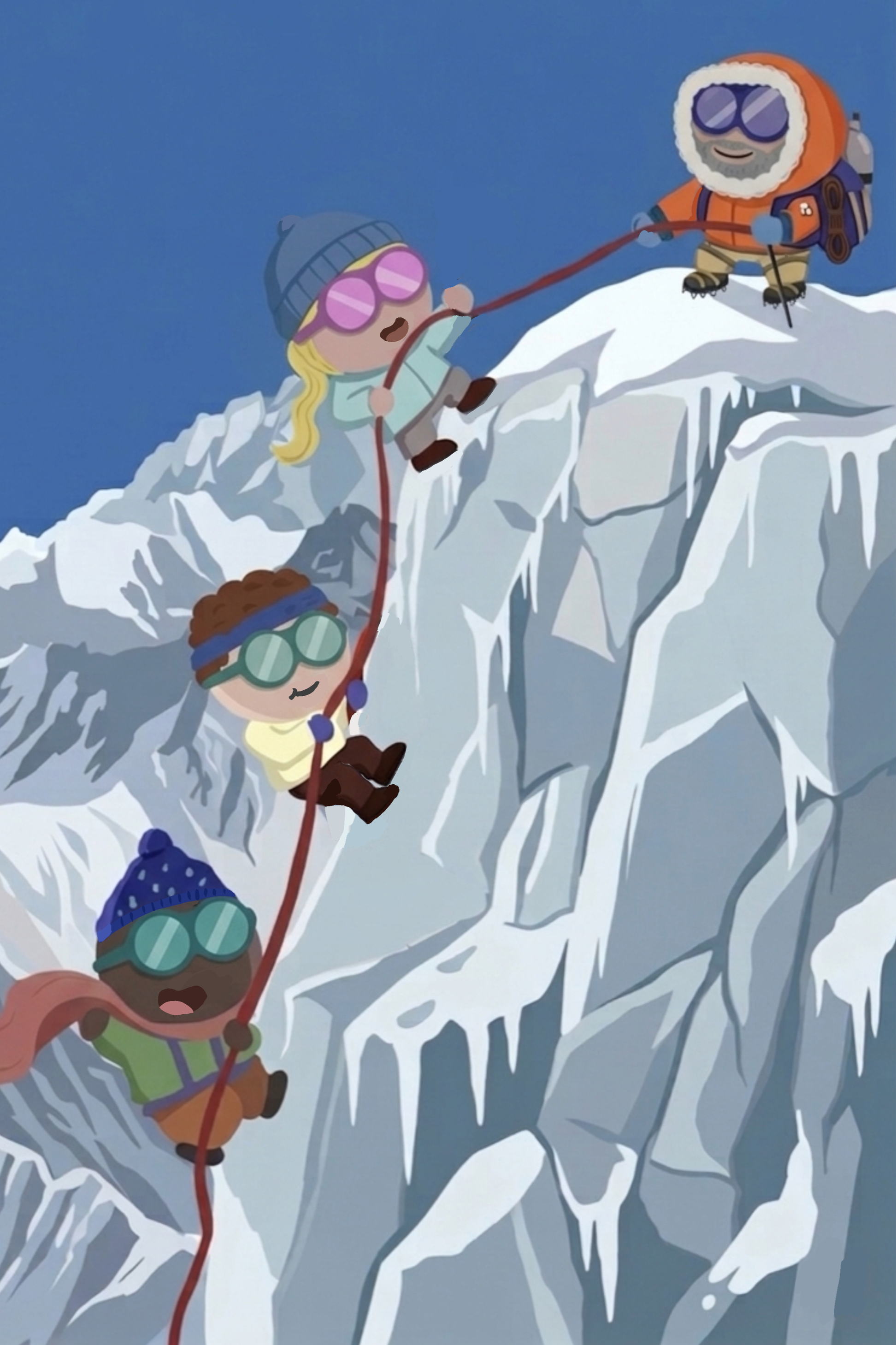 Cartoon climbers ascending a snowy mountain with ice and rocks, using ropes and climbing equipment, being helped by an expert guide. This symbolises how Upper Left Consulting helps founders and business leaders scale their revenue safely.