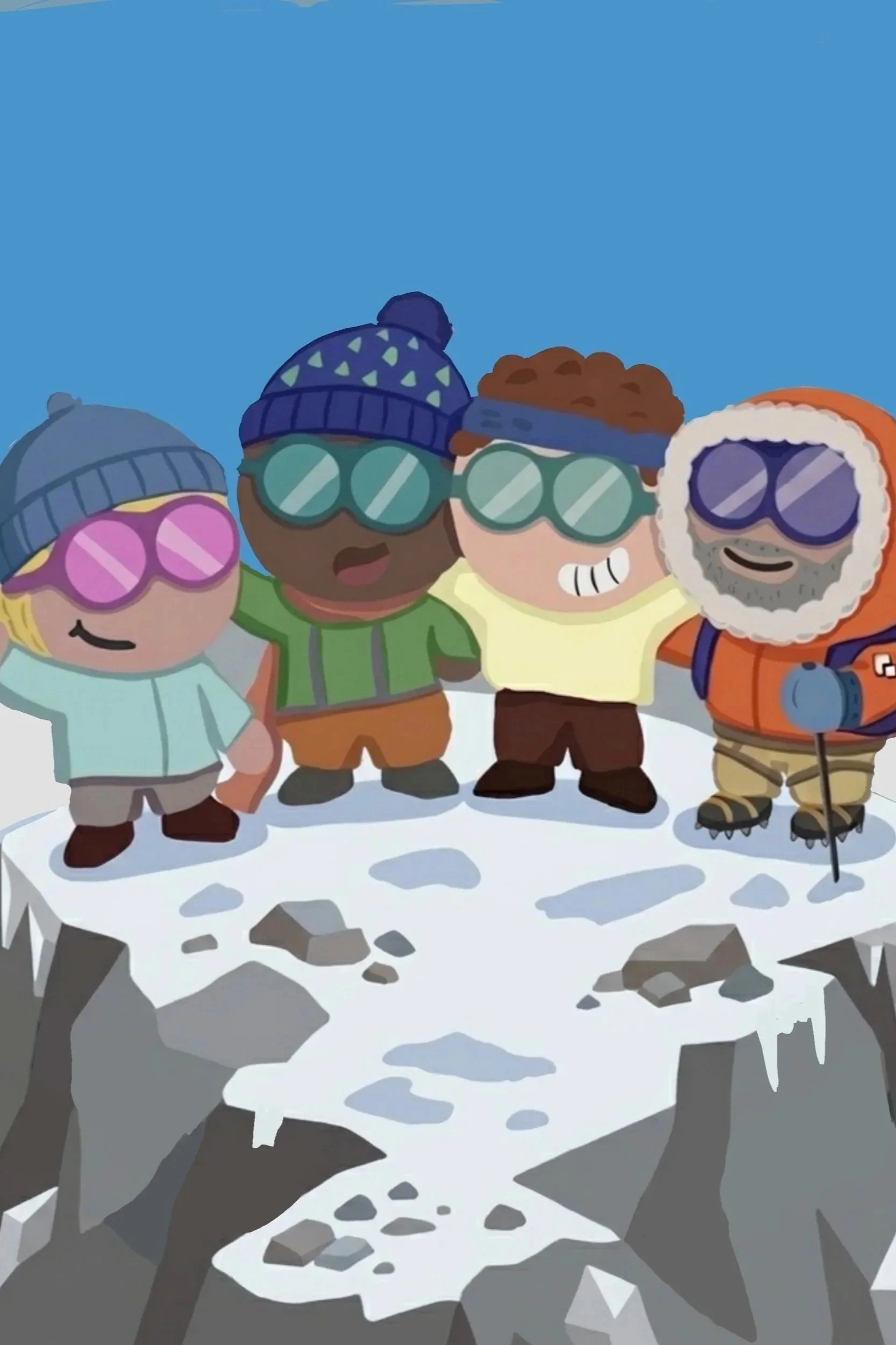 3 Climbers, representing founders and business leadership, celebrating at the mountain summit with an expert guide who has helped them reach the summit safely,  symbolizing revenue growth and reaching sales goals, made possible by the mountain guide.