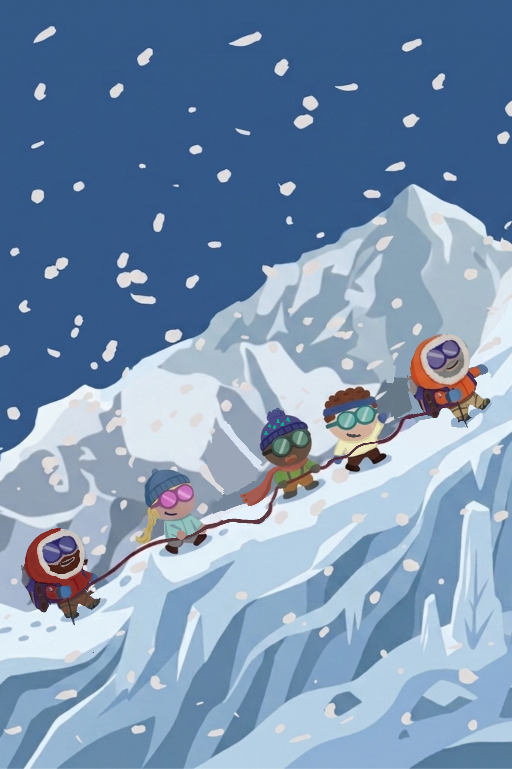 Three climbers representing founders and business leaders, led by two mountain guides, who are leading them safely. Symbolising how expert guidance in business can ensure teams work together, collaborate & scale your revenue with expert guidance.