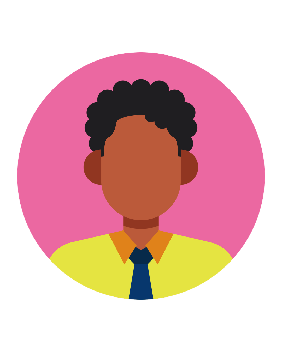 Illustration of a person with short curly black hair, brown skin, wearing a yellow shirt, orange collar, and a blue tie, set against a pink background.