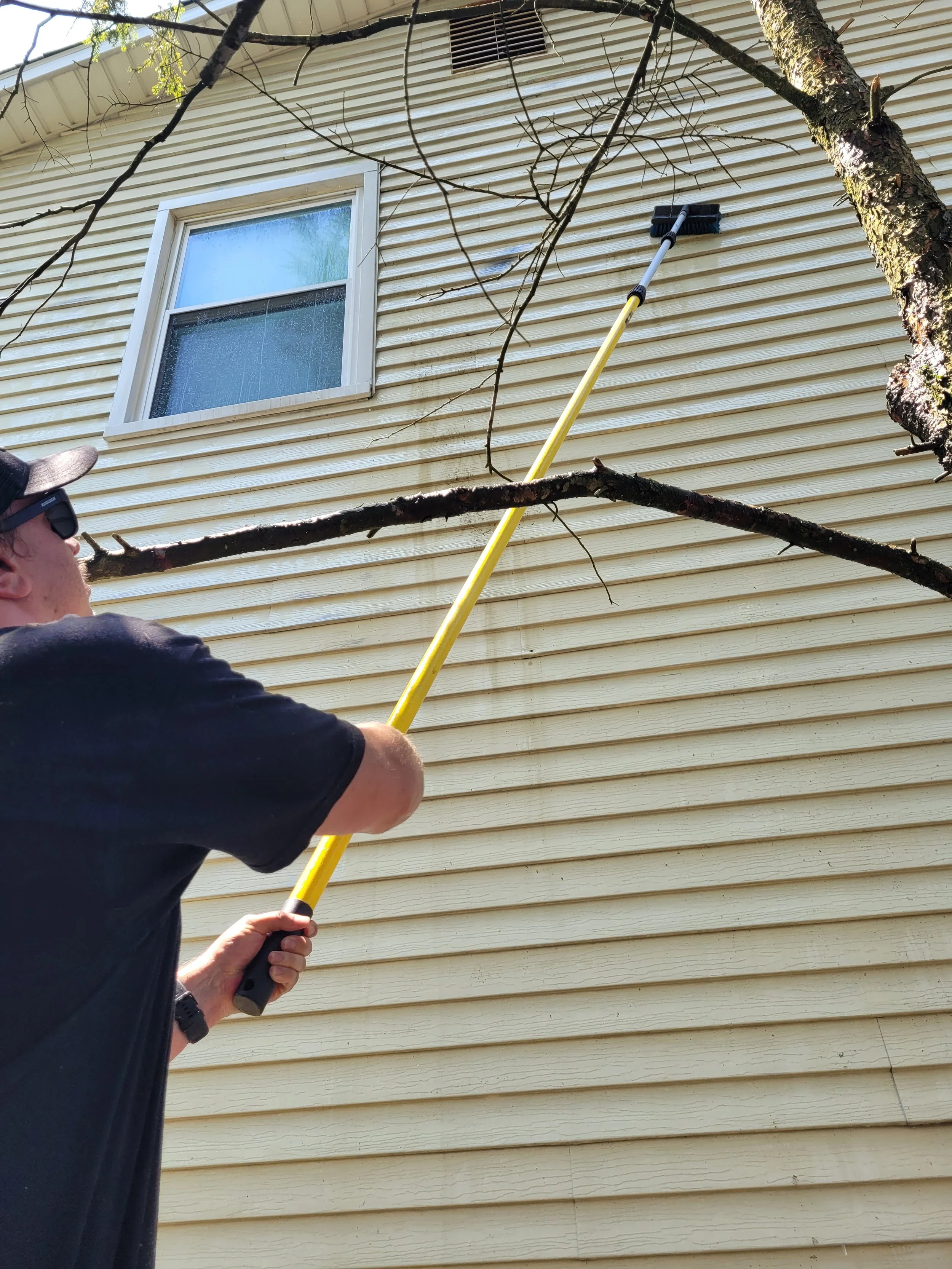 A person cleaning the exterior siding of a house with a long-handled brush, with tree branches and a window visible on the house.