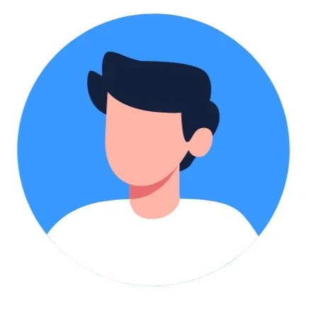 Digital illustration of a person with black hair, wearing a white shirt, set against a blue circular background.