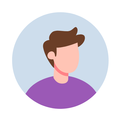 Simplified illustration of a person with brown hair, wearing a purple shirt, and a light blue circular background.