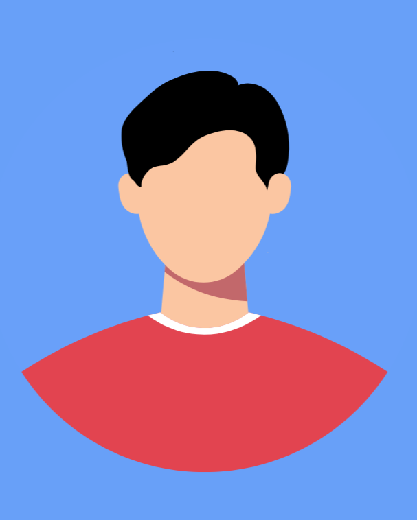 Illustration of a person with short black hair, wearing a red shirt against a blue background.