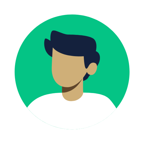 Profile illustration of a person with dark hair, no facial features, wearing a white shirt, against a green circular background.