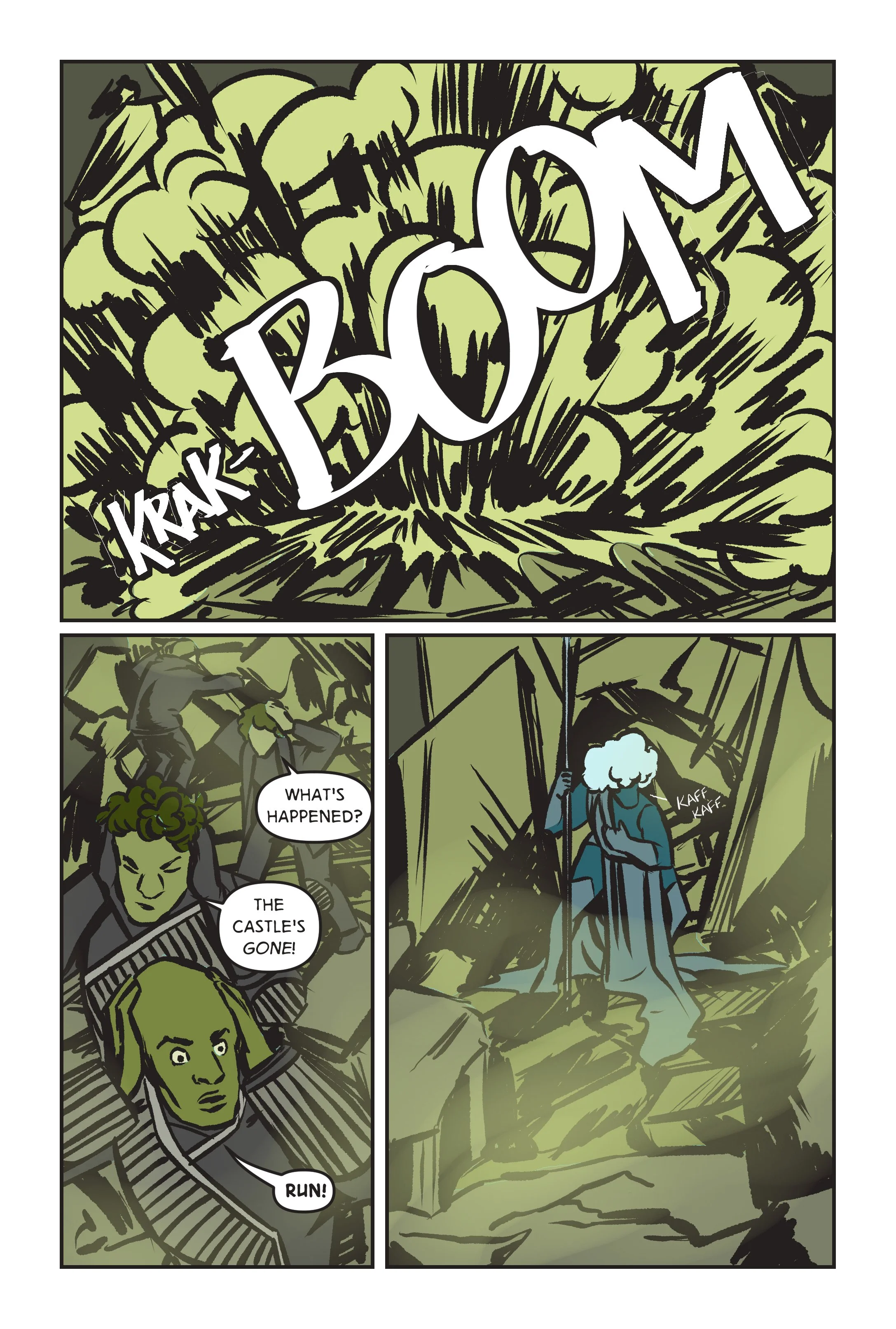 An explosion sends a group of people running as a person stands up from amidst the destruction.