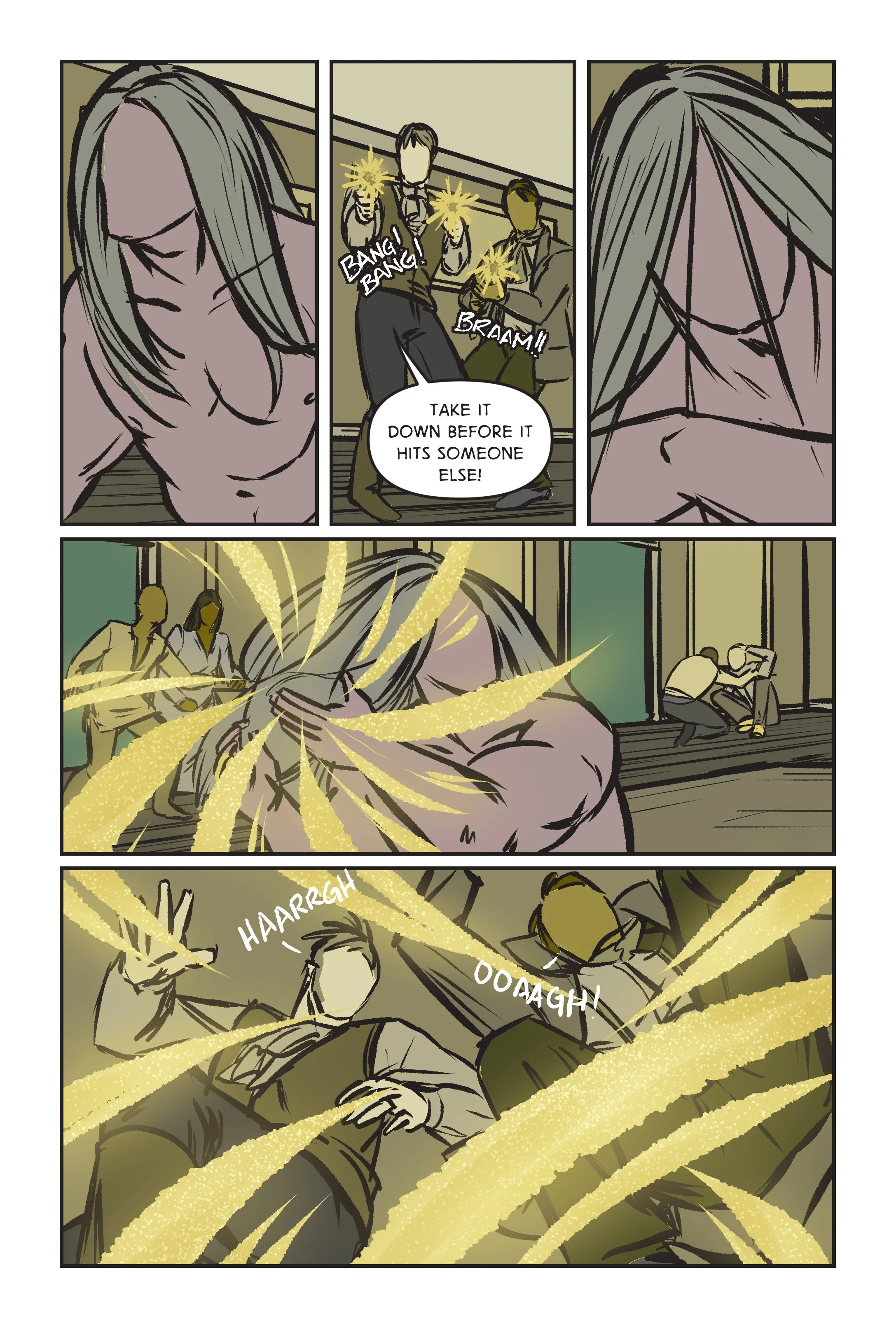 Long-haired monster waves his hand and sends two gun-wielding assailants flying into a wall