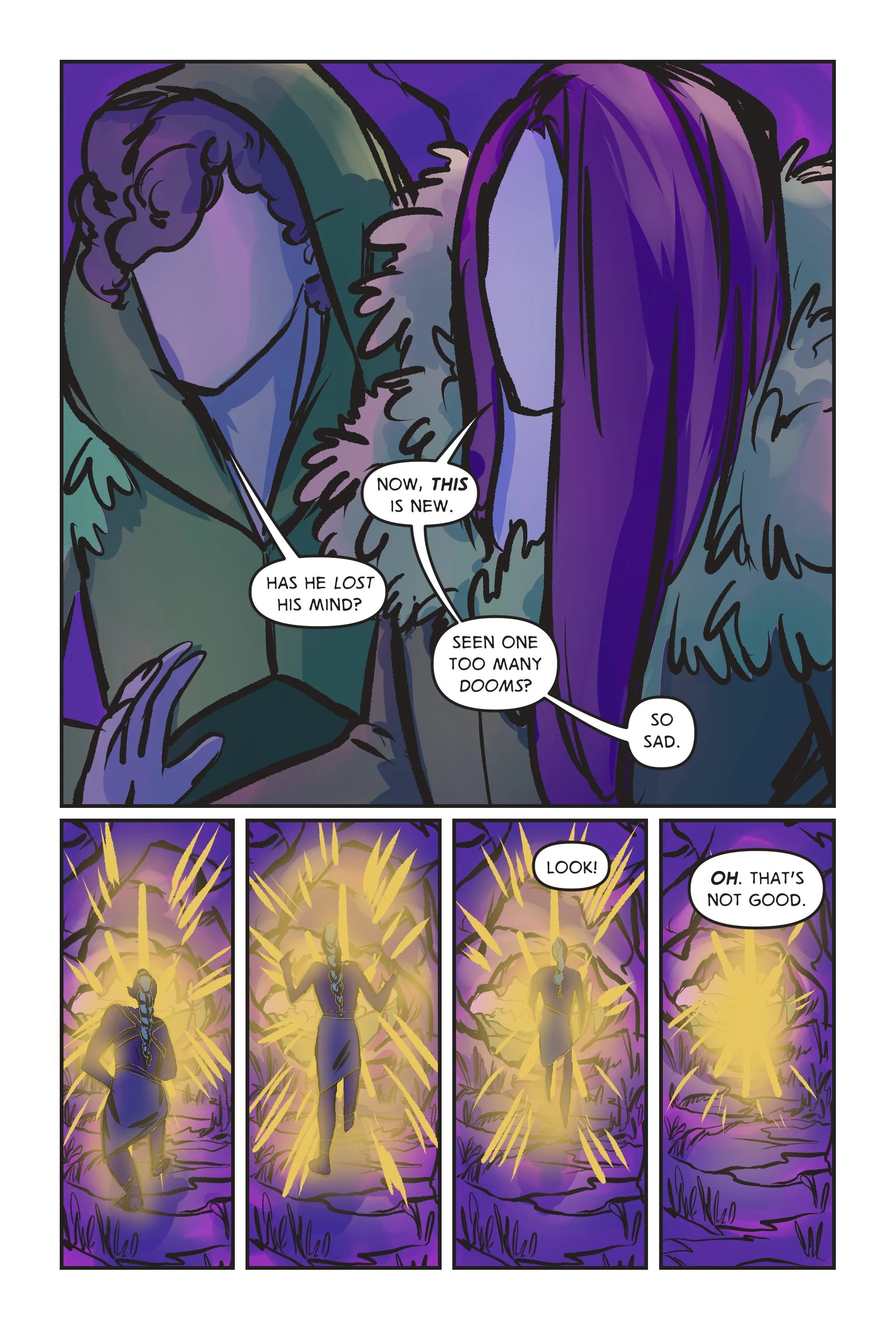 The two men watch a third walk into a portal of light.