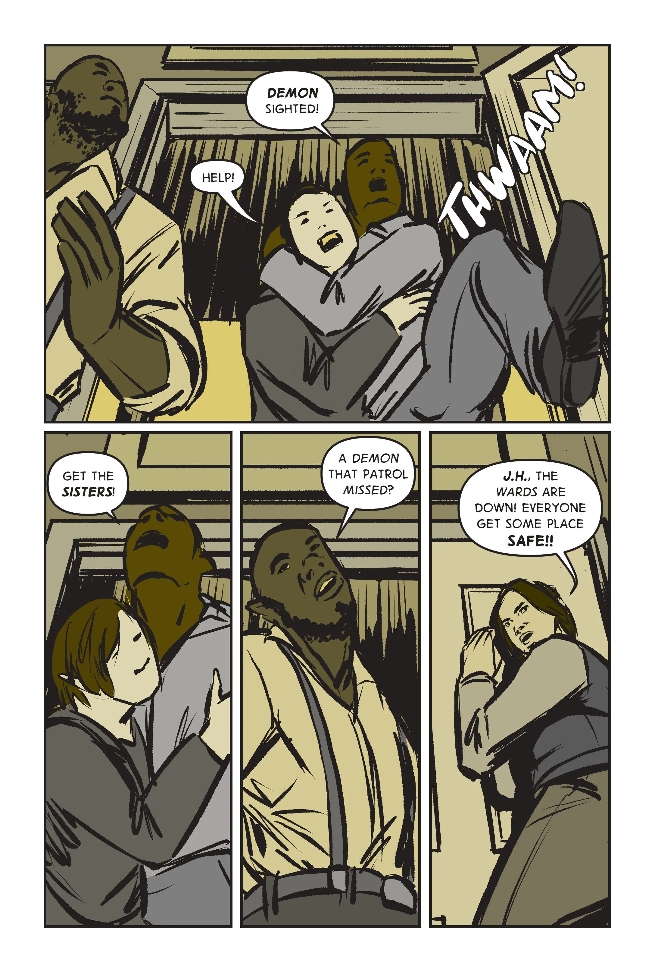 Two people kick their way through the front door, screaming about a demon approaching as others trumpet their message through the house.