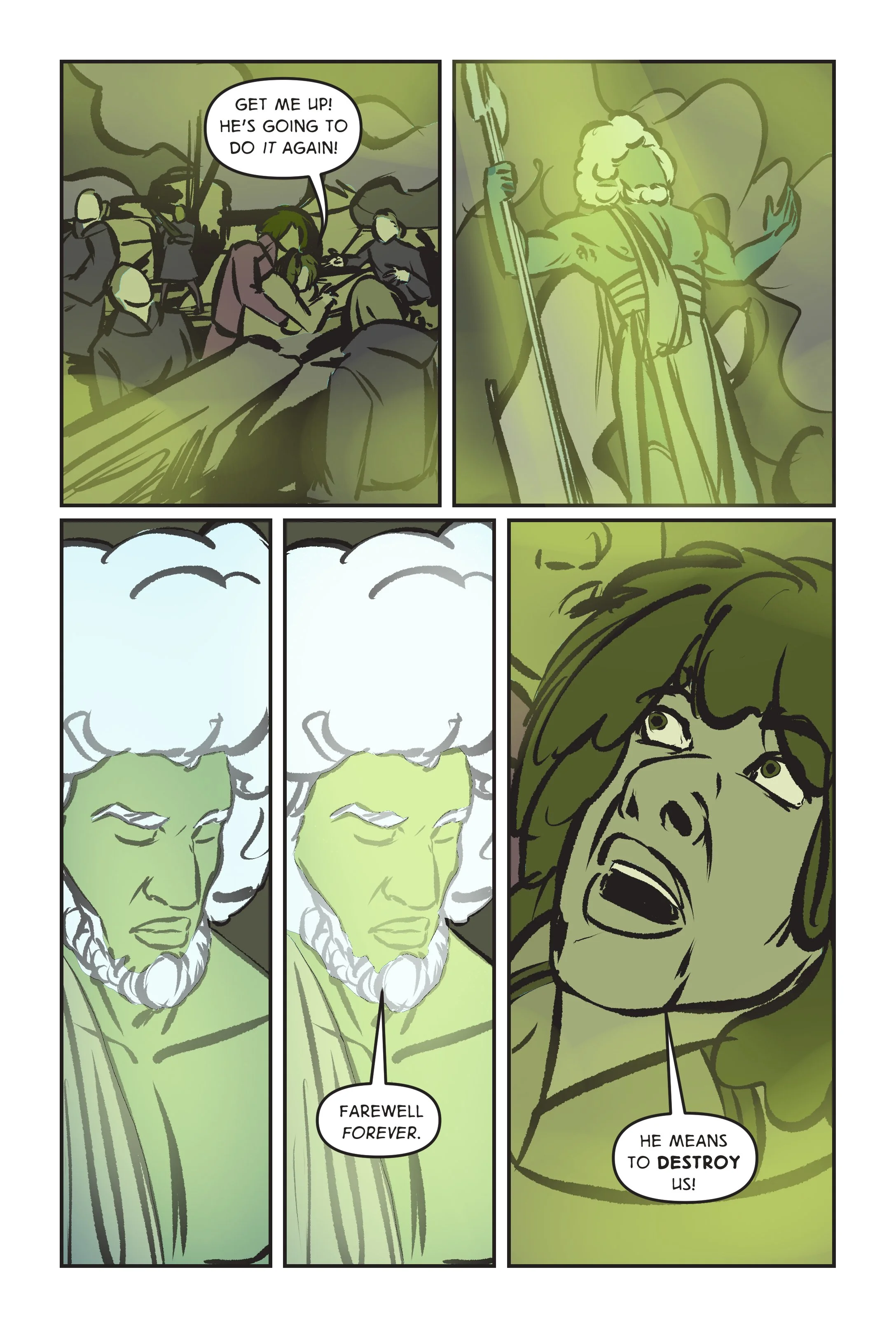 As other figures arrive to help the trapped woman, her face turns to abject terror as the white-haired man rises into the sky and is engulfed in light.